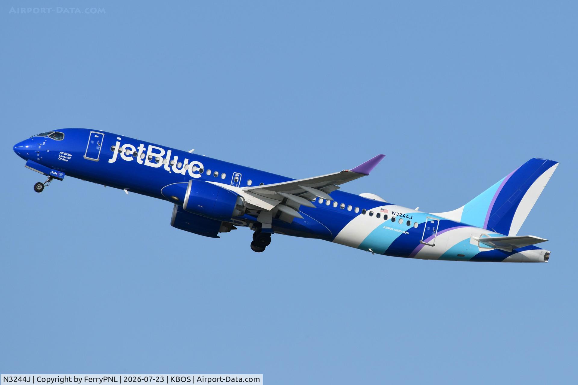 Aircraft N3244J, 2024 Airbus A220-300, c/n 55320, JetBlue A223 departing BOS, at KBOS, photo by FerryPNL