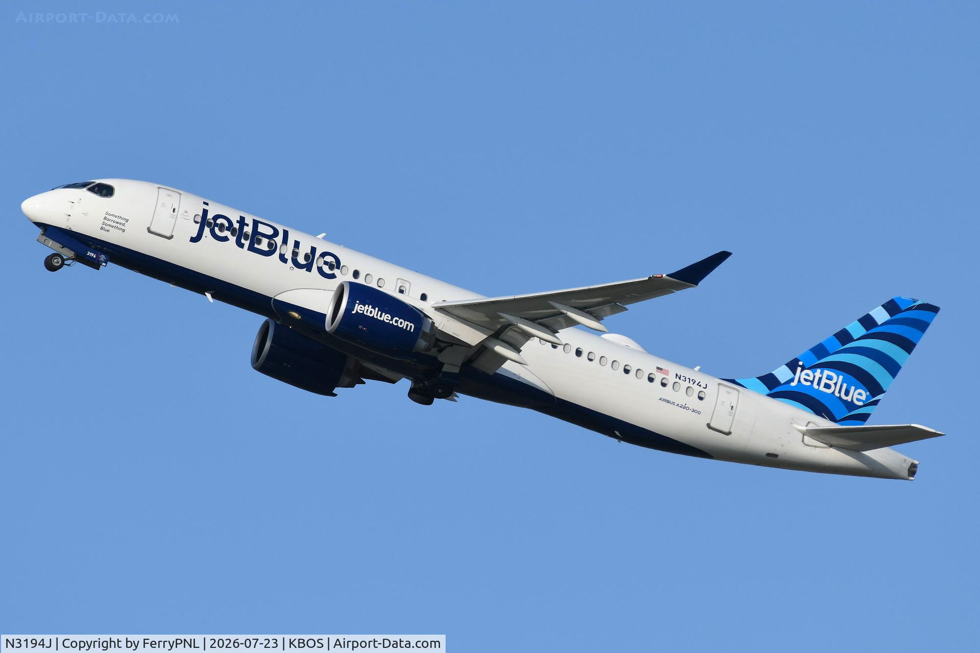 Aircraft N3194J, 2024 Airbus A220-371, c/n 55276, JetBlue A223 departing for ATL, at KBOS, photo by FerryPNL