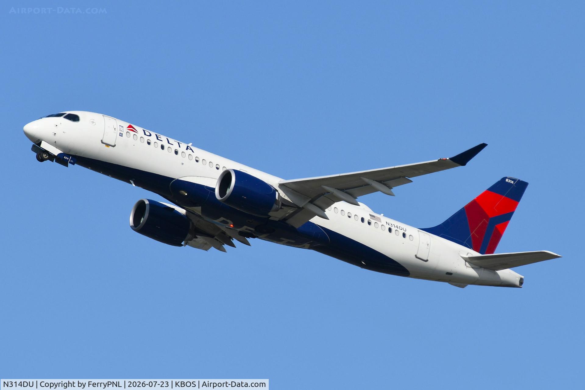 Aircraft N314DU, 2023 Airbus A220-371, c/n 55192, Delta A223, at KBOS, photo by FerryPNL