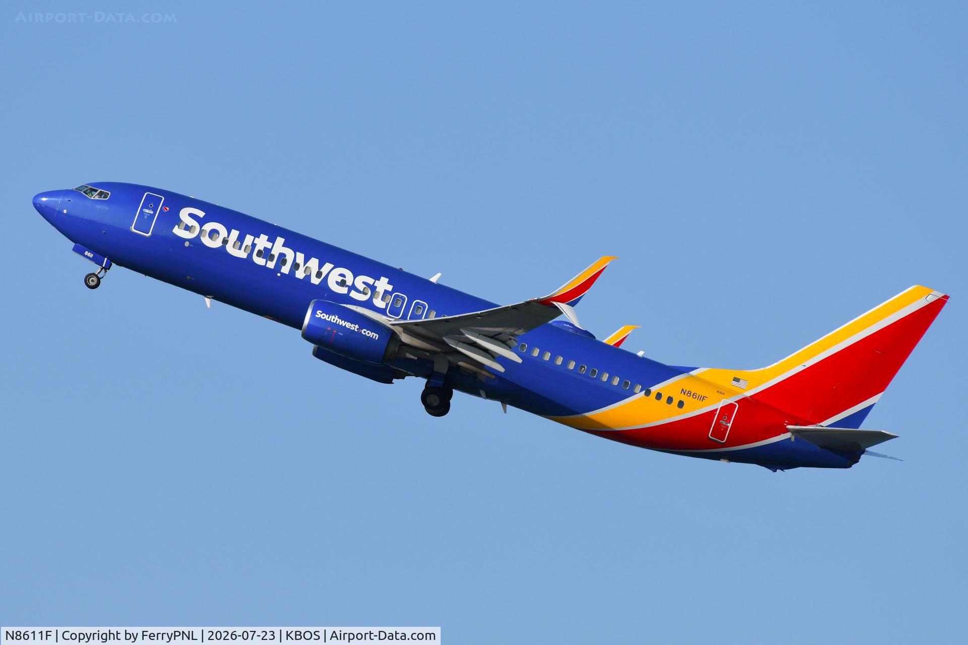 Aircraft N8611F, 2013 Boeing 737-8H4, c/n 36892 l/n 4367, Southwest B738 departing, at KBOS, photo by FerryPNL