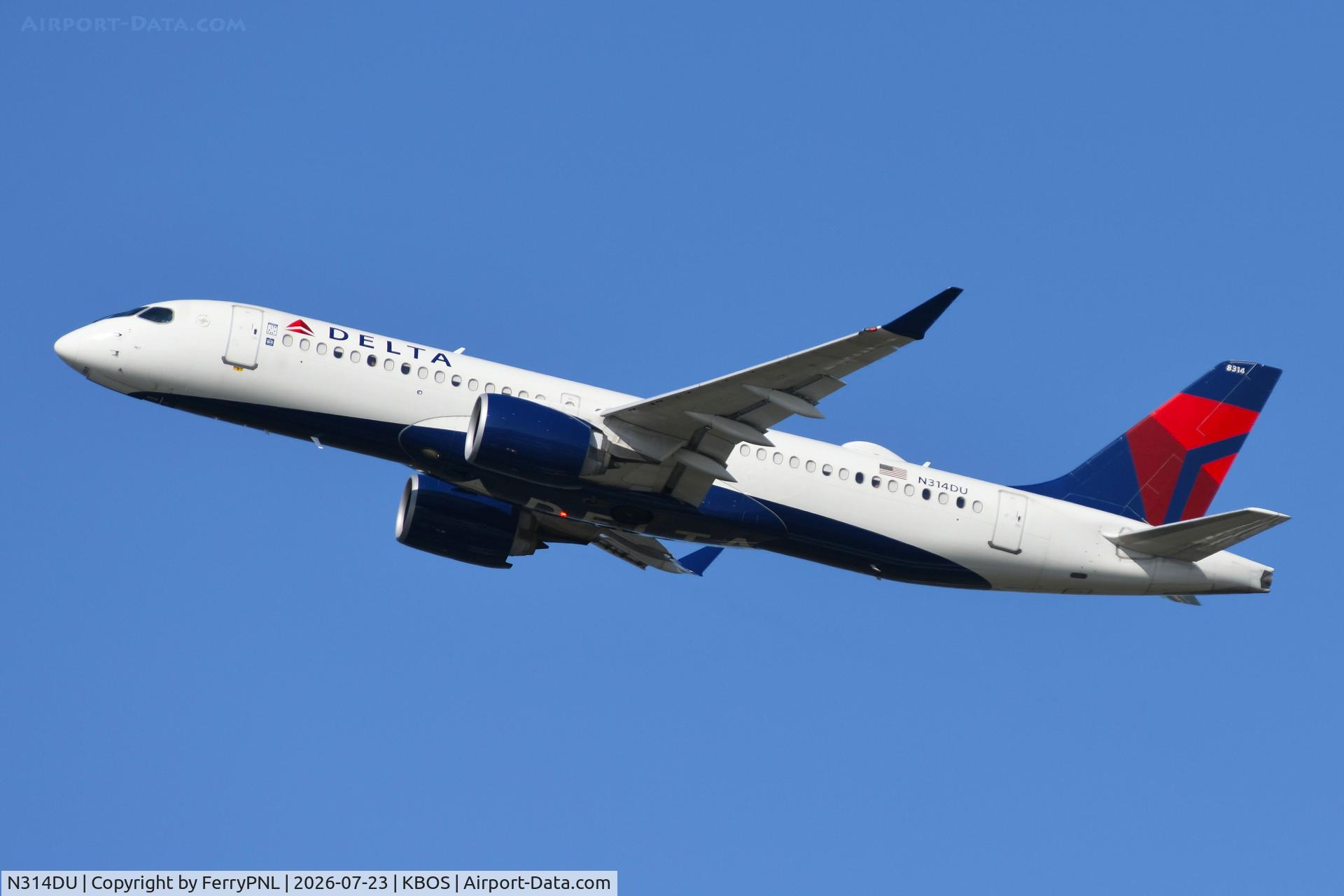 Aircraft N314DU, 2023 Airbus A220-371, c/n 55192, Delta A223 take-off, at KBOS, photo by FerryPNL