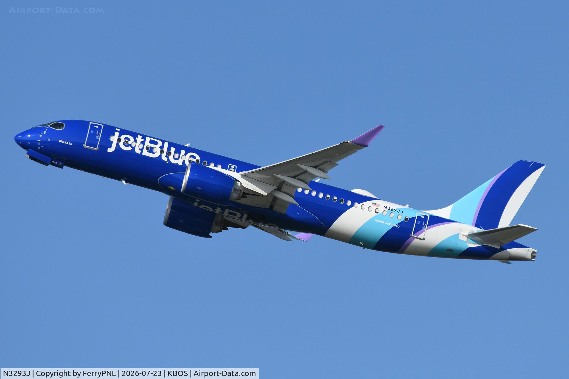 Aircraft N3293J, 2025 Airbus A220-300, c/n 55404, JetBlue A223 departing, at KBOS, photo by FerryPNL
