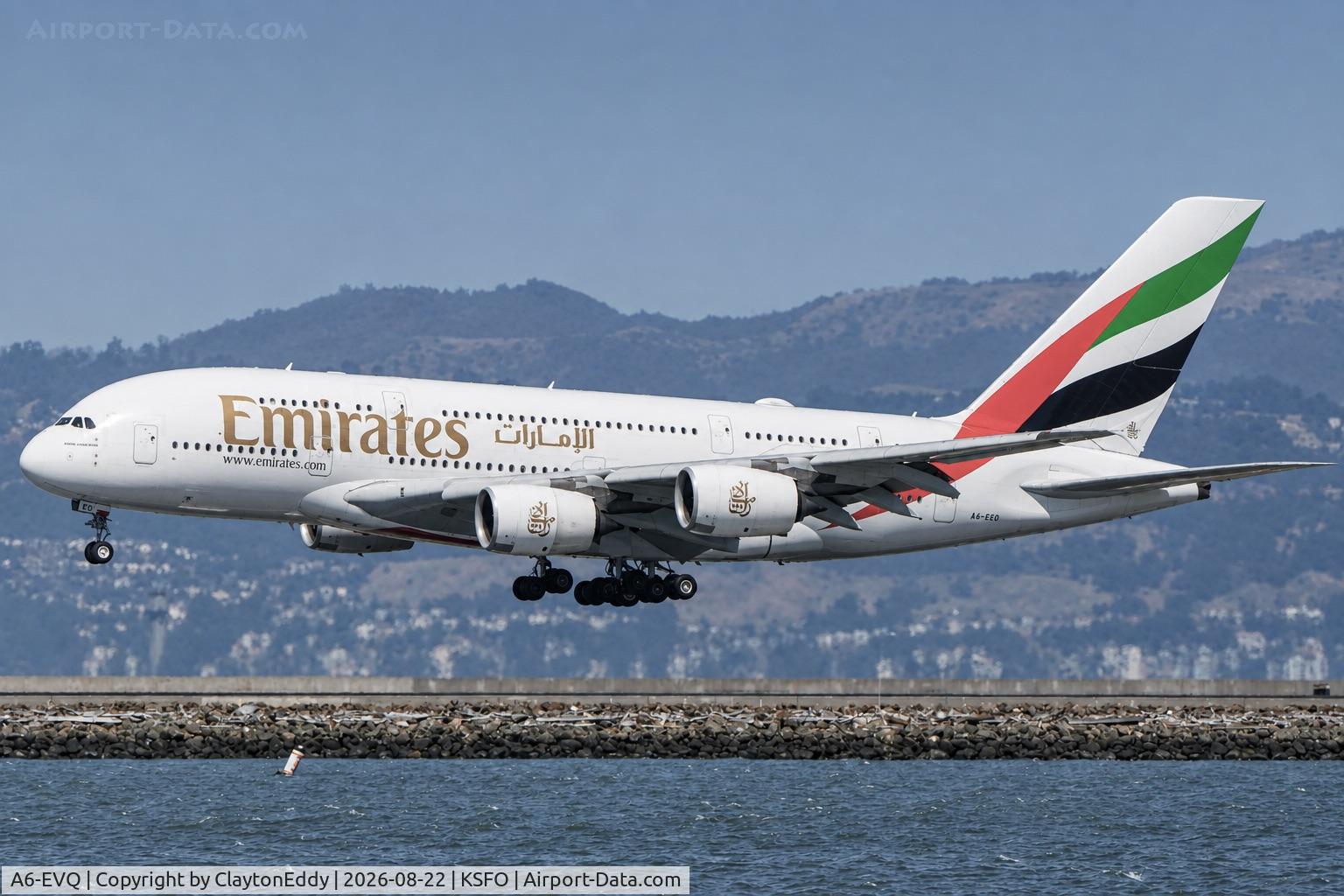 Aircraft A6-EVQ, 2020 Airbus A380-842, c/n 270, SFO 2026, at KSFO, photo by ClaytonEddy