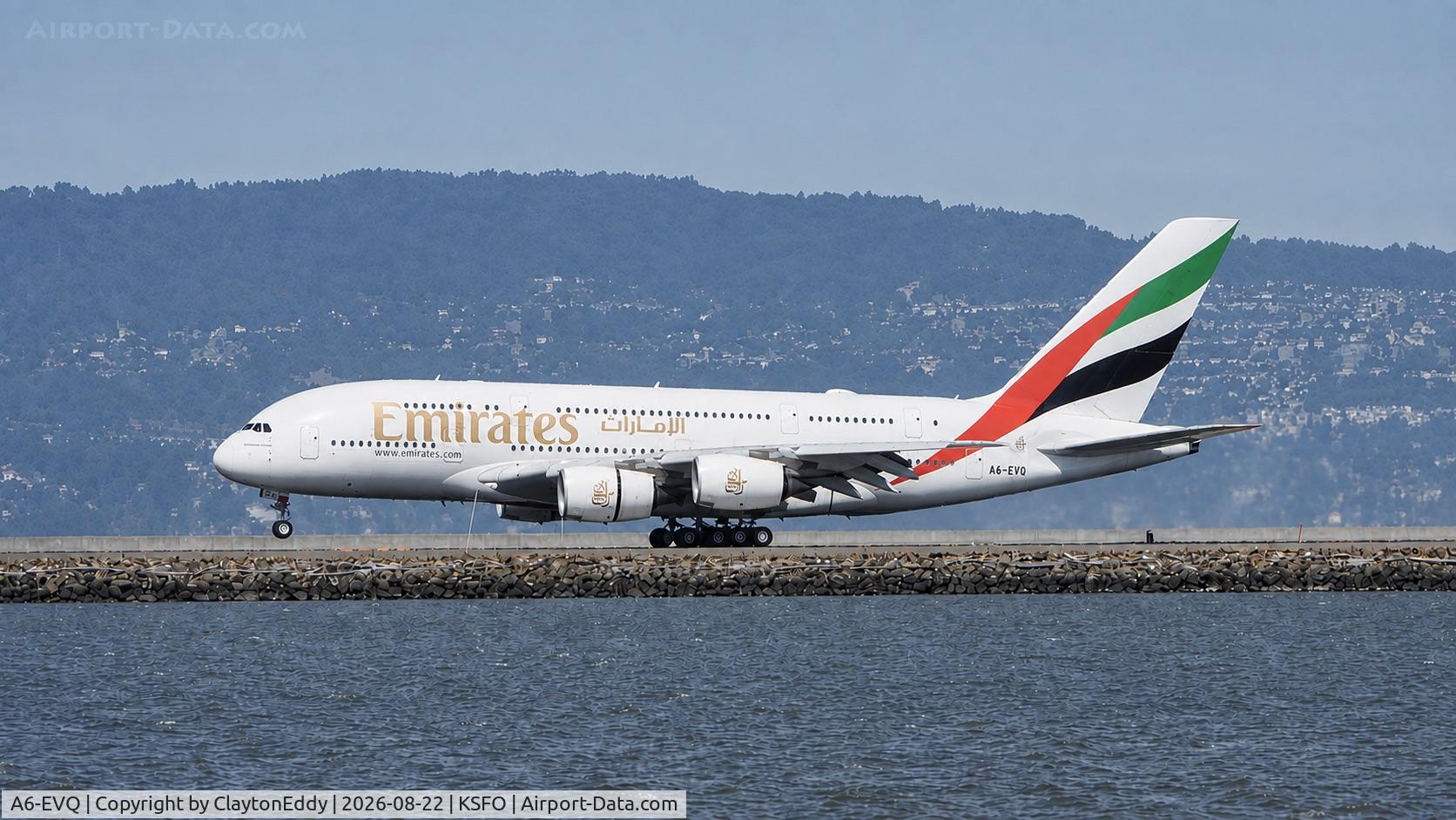 Aircraft A6-EVQ, 2020 Airbus A380-842, c/n 270, SFO 2026, at KSFO, photo by ClaytonEddy