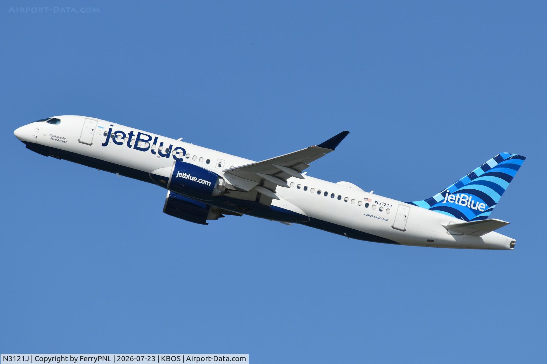 Aircraft N3121J, 2023 Airbus A220-371, c/n 55199, Departure of JetBlue A223, at KBOS, photo by FerryPNL