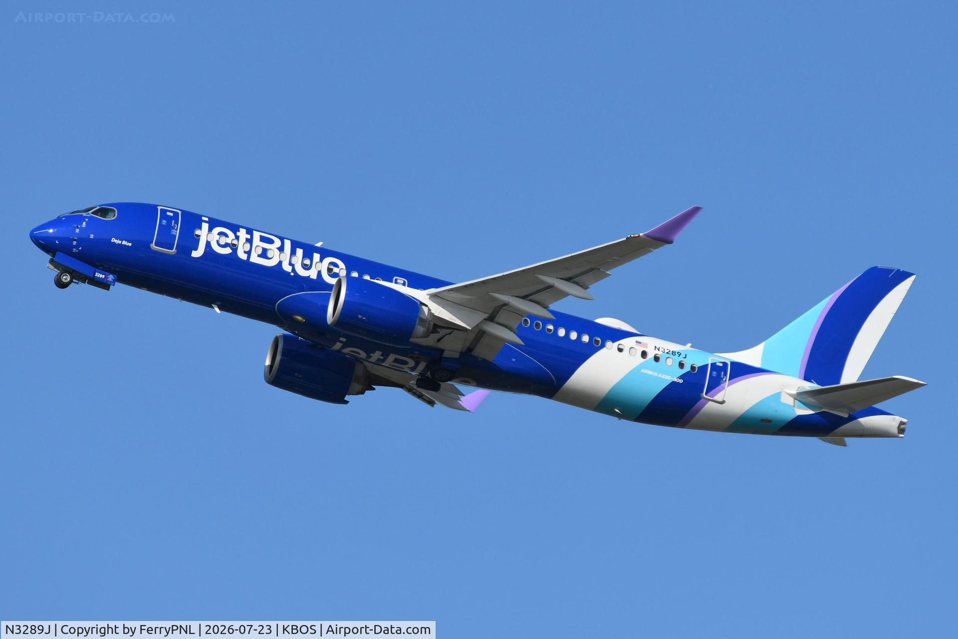 Aircraft N3289J, 2025 Airbus A220-300, c/n 55392, JetBlue A223 departing, at KBOS, photo by FerryPNL