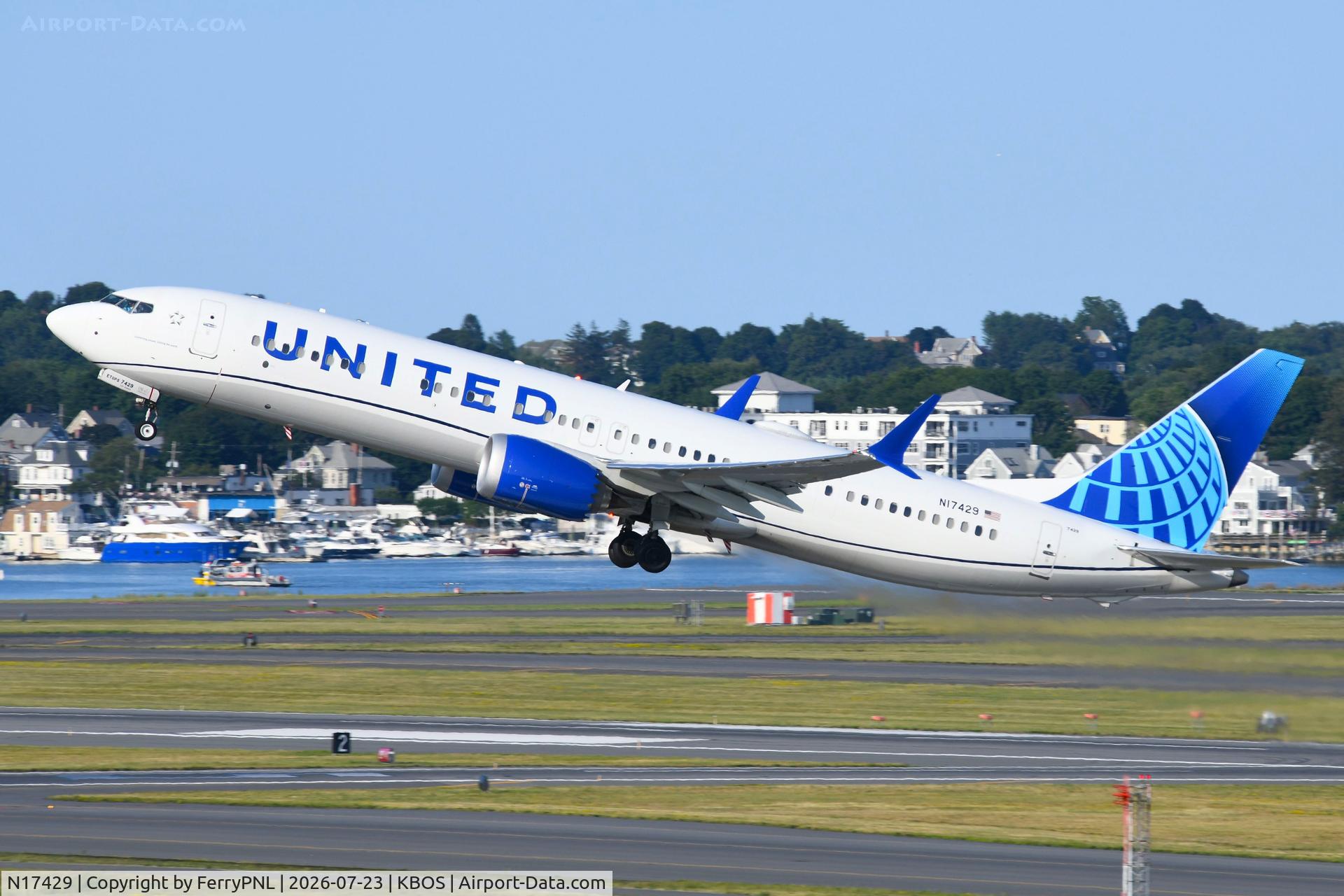 Aircraft N17429, 2026 Boeing 737 MAX 9, c/n 67746 l/n 9471, United B739M lifting-off from BOS, at KBOS, photo by FerryPNL