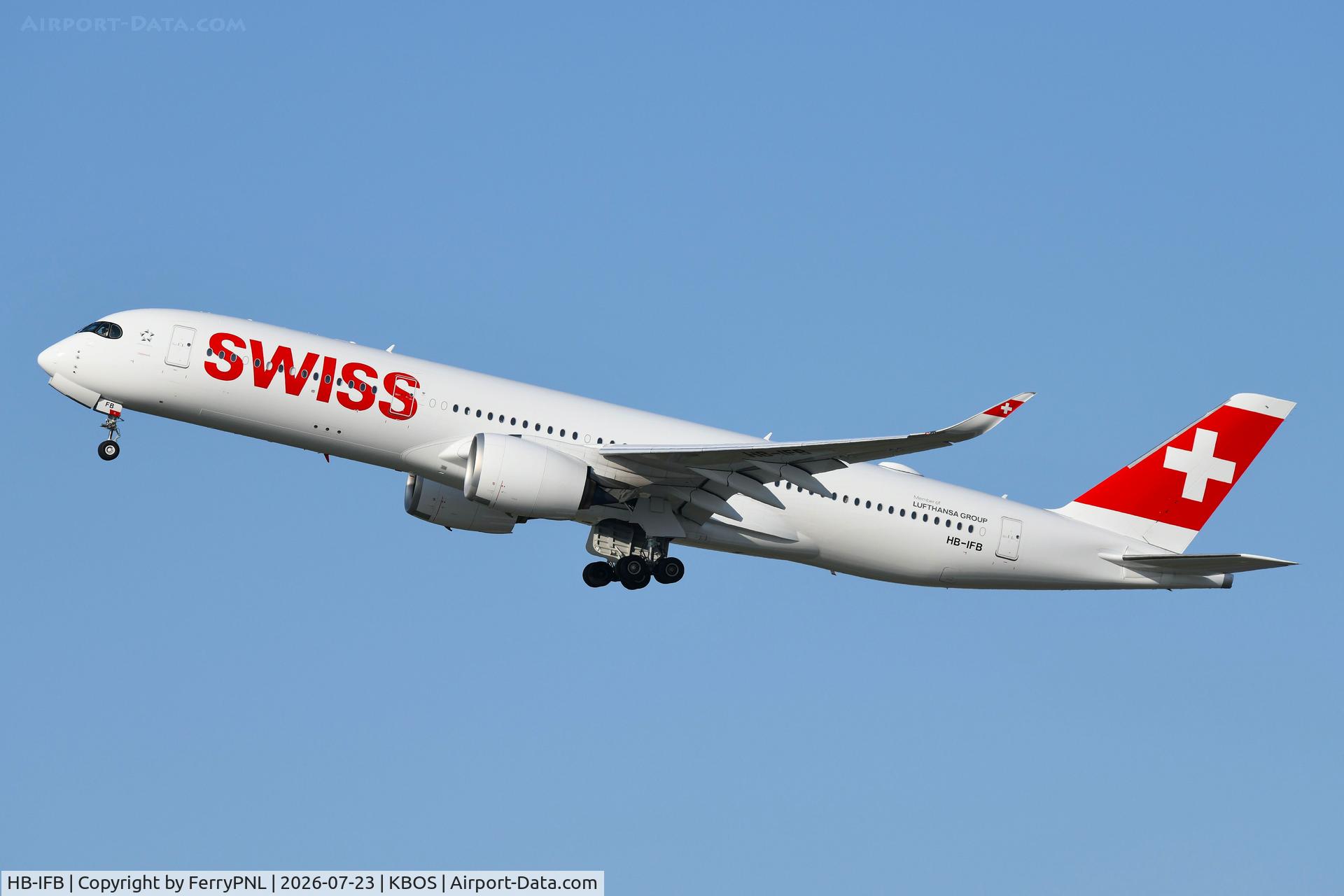 Aircraft HB-IFB, 2025 Airbus A350-941, c/n 748, Swiss A359 departing for ZRH, at KBOS, photo by FerryPNL