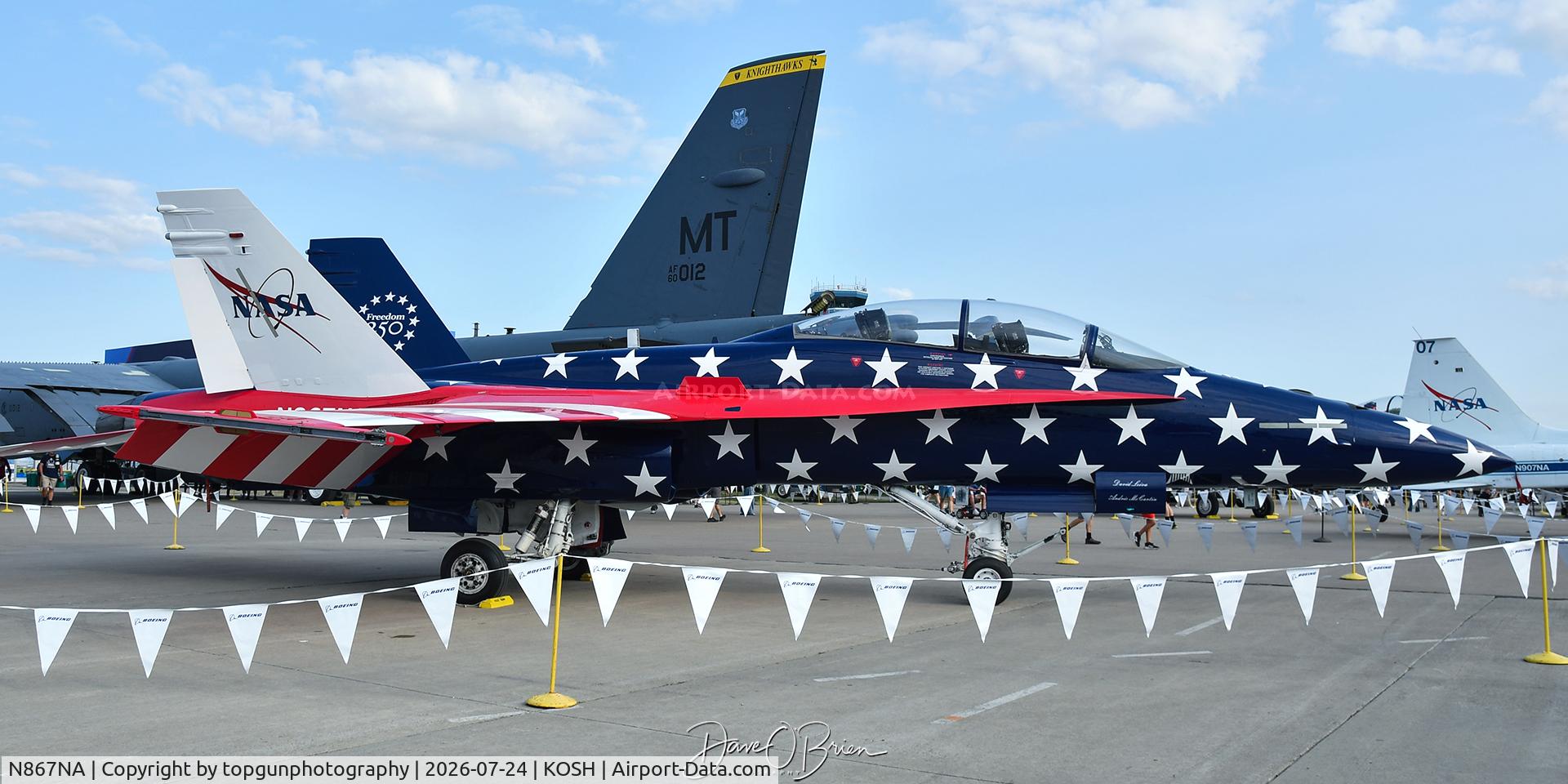 Aircraft N867NA, McDonnel Douglas FA-18B, c/n 161947, NASA F/A-18B at Boeing Plaza, at KOSH, photo by topgunphotography
