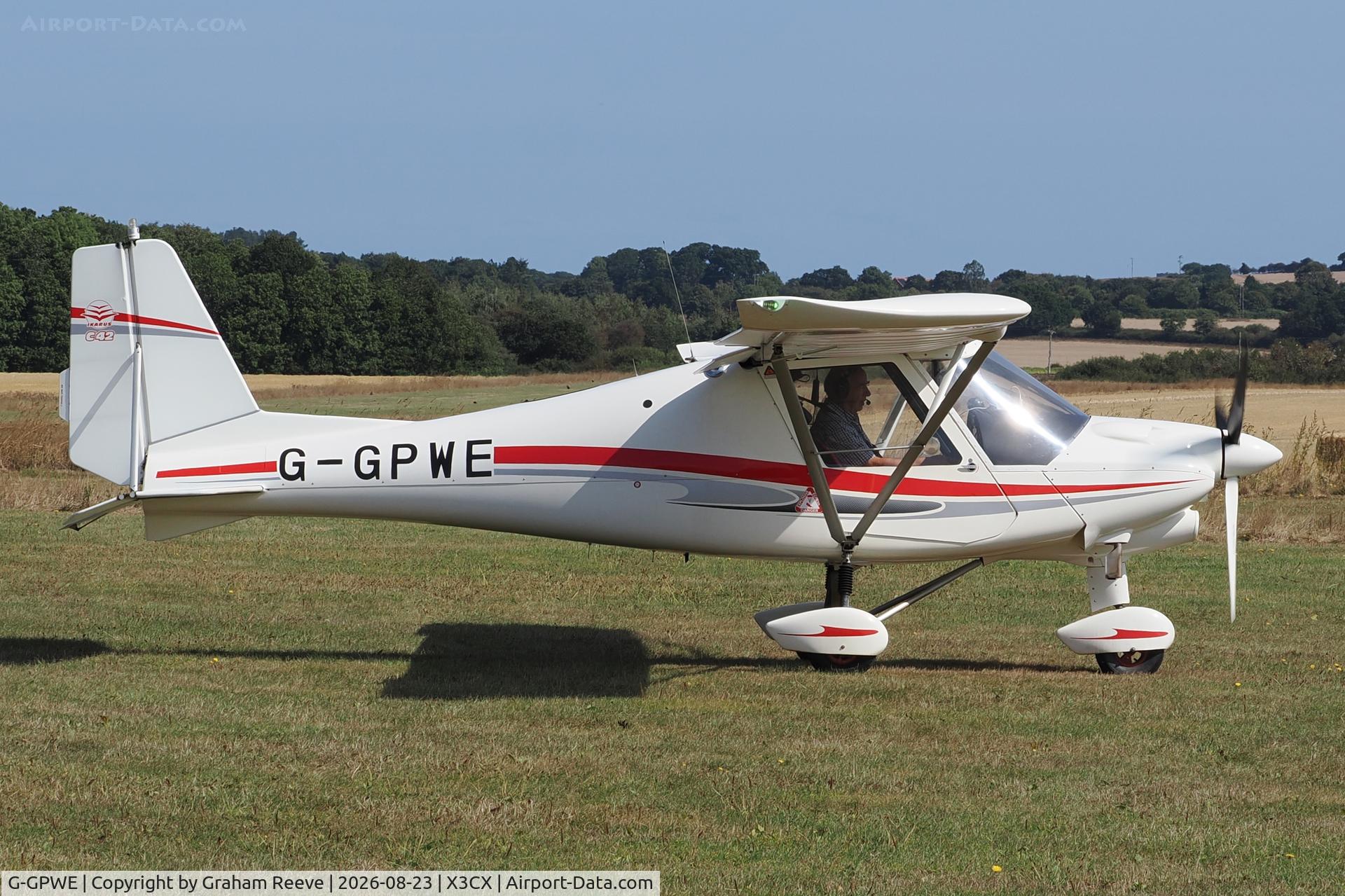Aircraft G-GPWE, 2016 Comco Ikarus C42 FB100 Bravo, c/n 1606-7458, Departing from Northrepps., at X3CX, photo by Graham Reeve