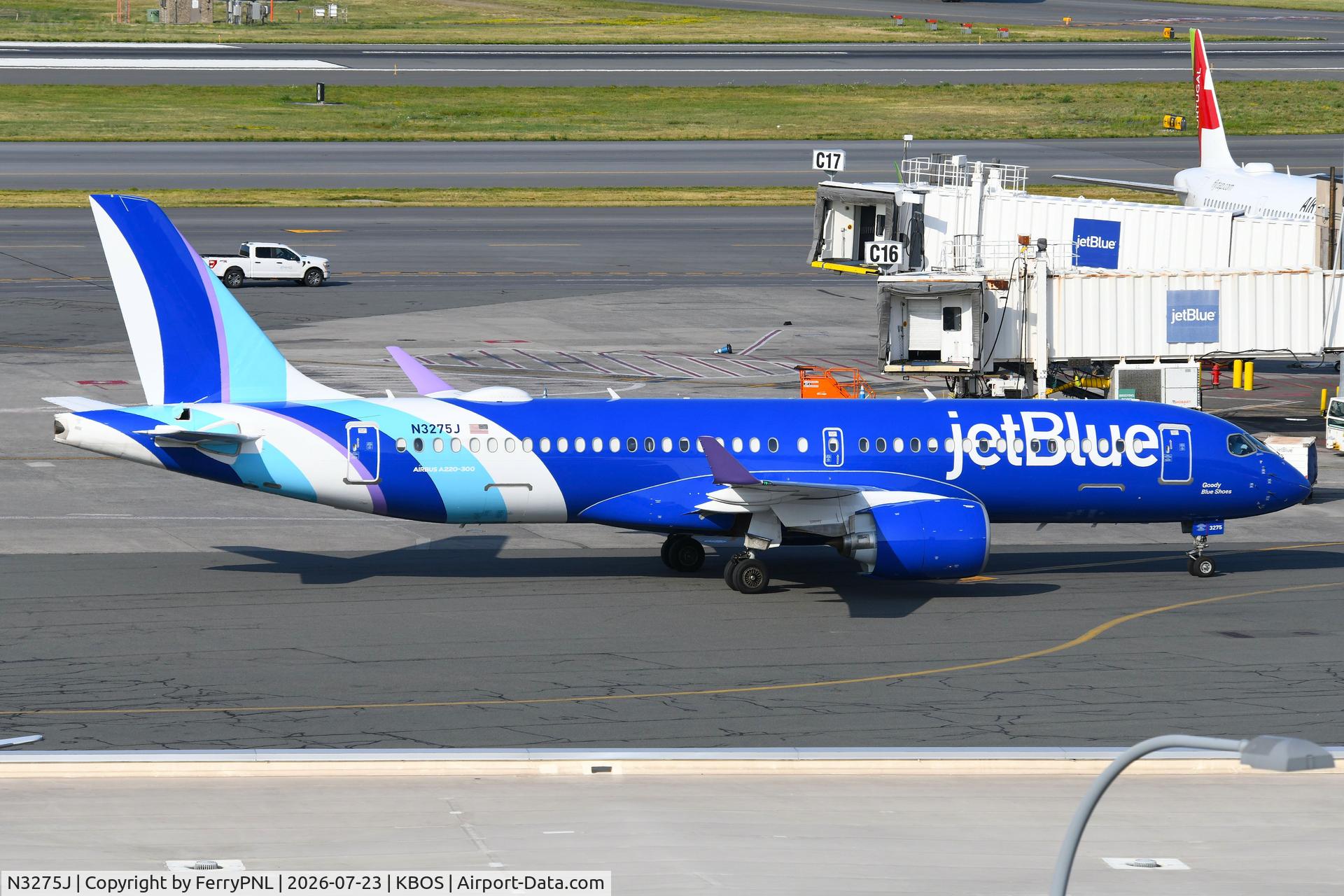 Aircraft N3275J, 2025 Airbus A220-300, c/n 55373, JetBlue A220-300, at KBOS, photo by FerryPNL