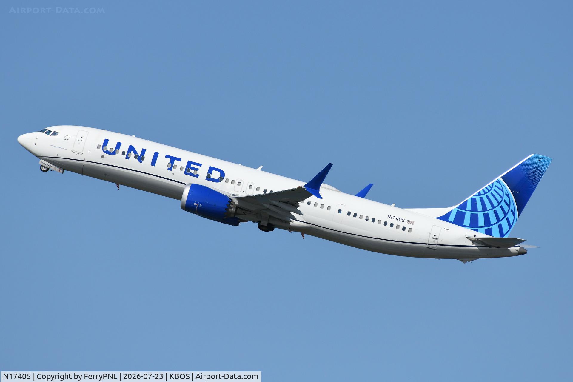 Aircraft N17405, 2025 Boeing 737 MAX 9, c/n 67647 l/n 9165, Departure of United B739M, at KBOS, photo by FerryPNL