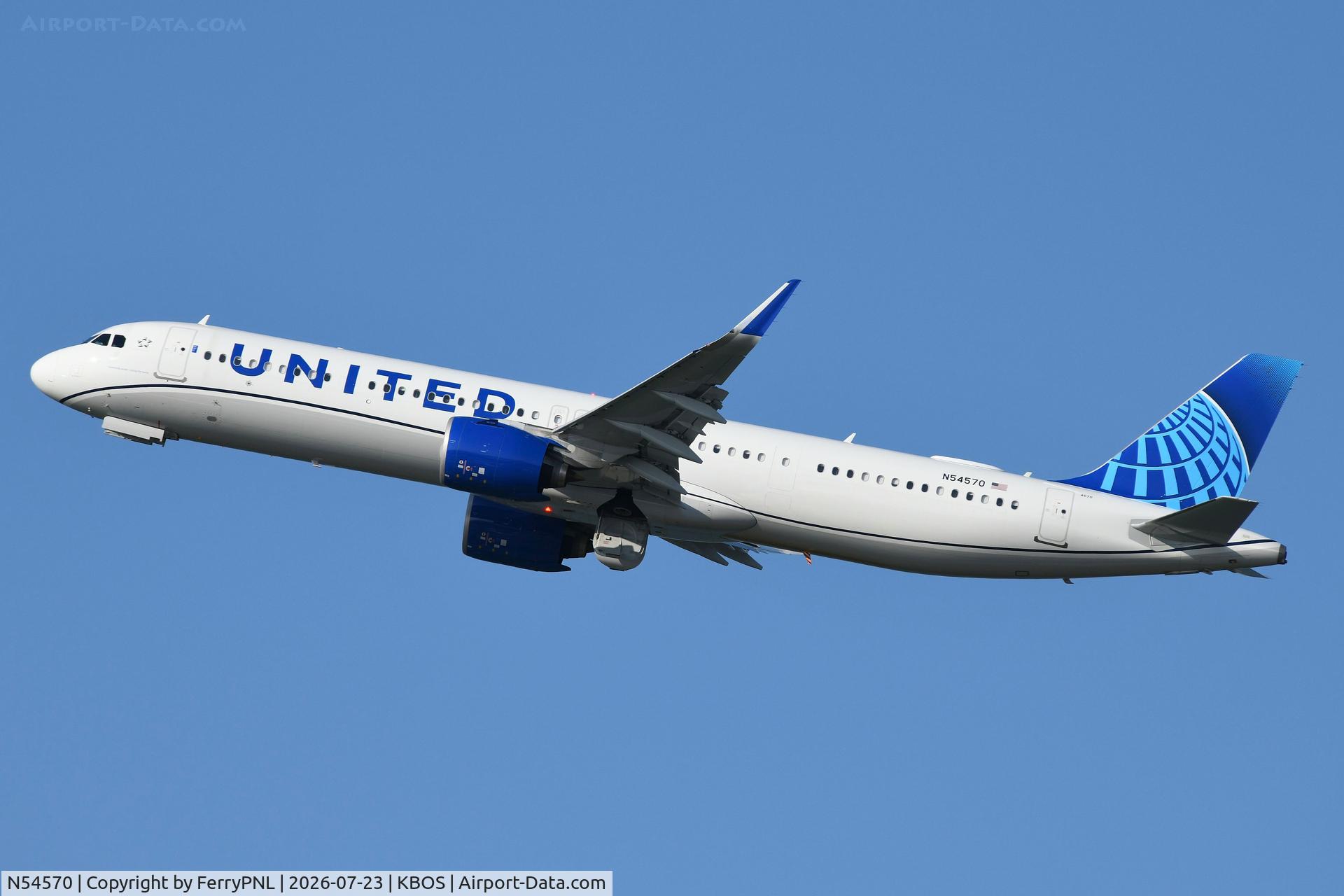 Aircraft N54570, 2026 Airbus 321-271NX, c/n 13047, United A321N departing, at KBOS, photo by FerryPNL