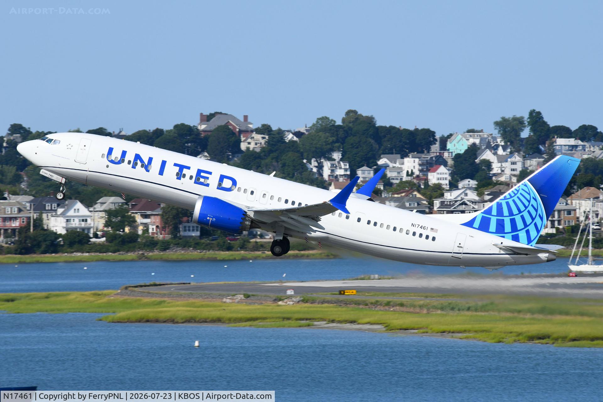 Aircraft N17461, 2026 Boeing 737-9 MAX, c/n 67652 l/n 9719, United B739 MAX departing BOS, at KBOS, photo by FerryPNL