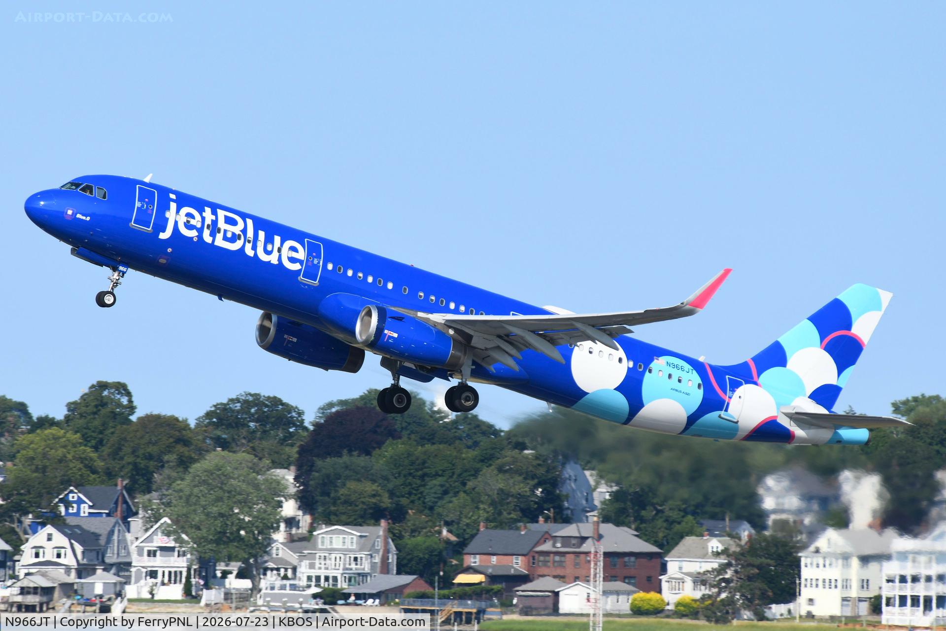 Aircraft N966JT, 2016 Airbus A321-231, c/n 7230, JetBlue A321 lifting-off, at KBOS, photo by FerryPNL