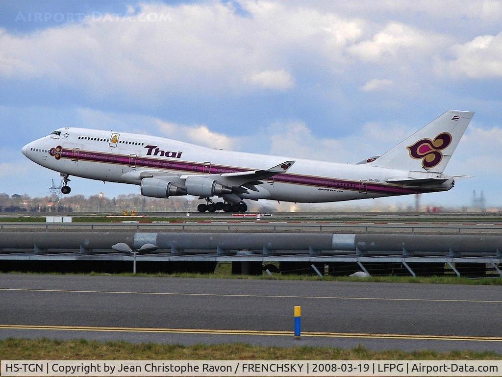 Aircraft HS-TGN, 1992 Boeing 747-4D7, c/n 26615 l/n 950, "Simongkhon" Thai Airways (broken up), at LFPG, photo by Jean Christophe Ravon / FRENCHSKY