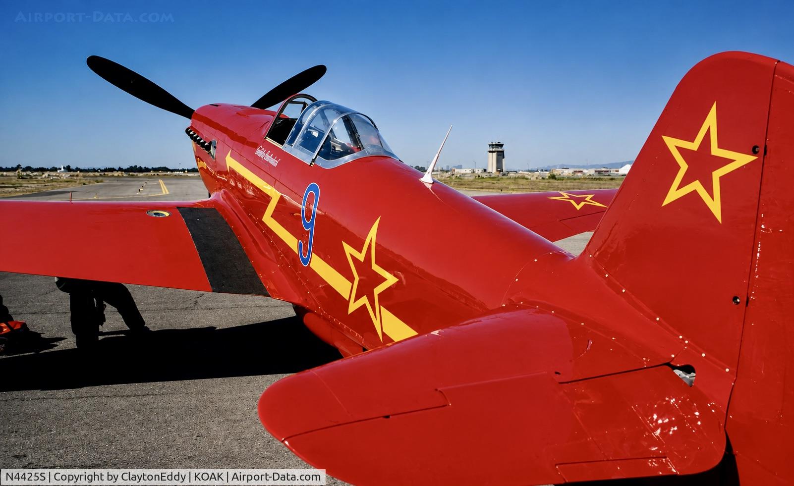 Aircraft N4425S, 1997 Yakovlev Yak-9U-M, c/n 0470405, Fleet Week San Francisco Bay. Aircraft staged at United Airlines maintenance hangar Oakland International Airport 1990's, at KOAK, photo by ClaytonEddy