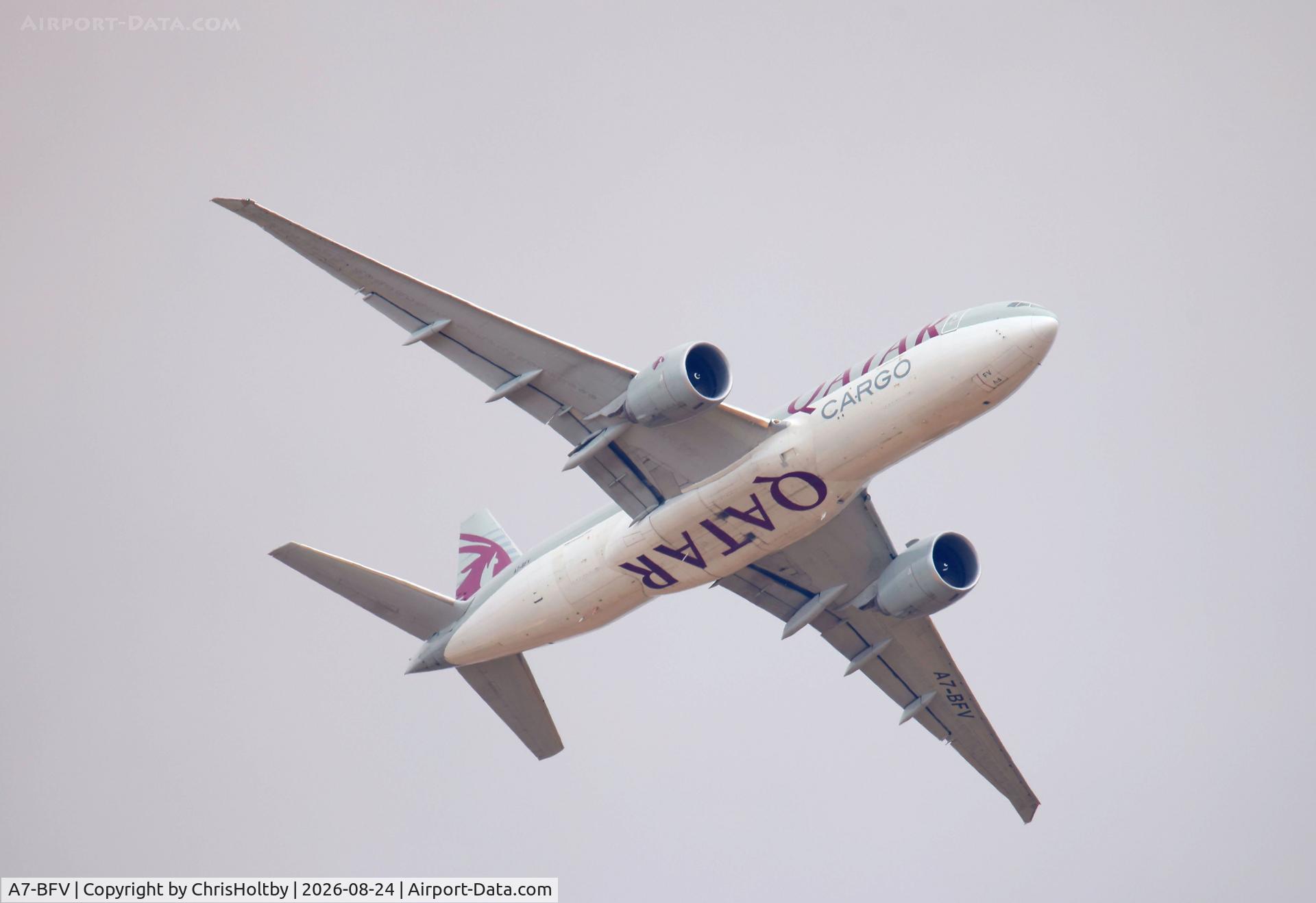 Aircraft A7-BFV, 2020 Boeing 777-F, c/n 66340 l/n 1658, Over Amwell, Herts going into Stansted Airport, Essex, photo by ChrisHoltby