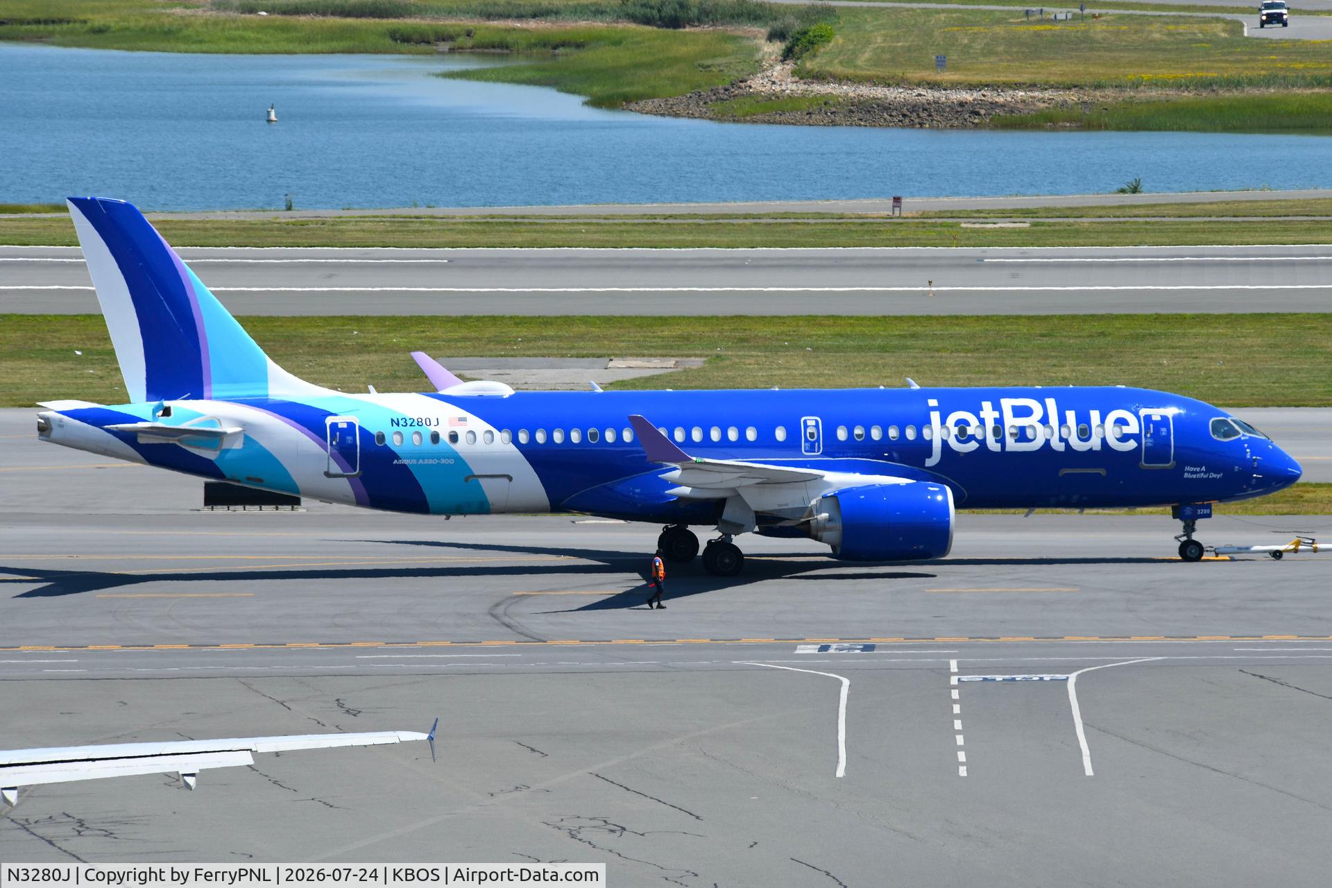 Aircraft N3280J, 2025 Airbus A220-300, c/n 55381, JetBlue A223 under tow, at KBOS, photo by FerryPNL