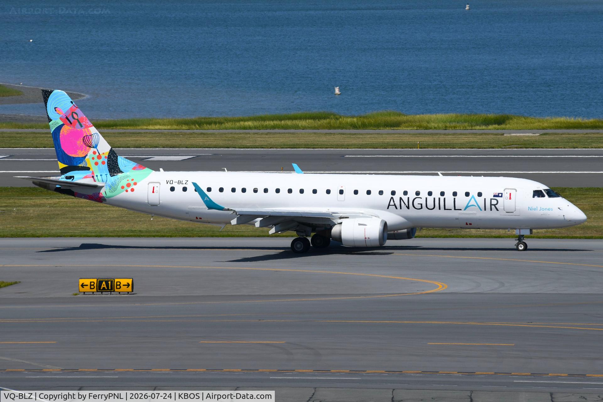 Aircraft VQ-BLZ, 2009 Embraer ERJ-190AR, c/n 19000275, Anguillair on the right side of the plane, at KBOS, photo by FerryPNL