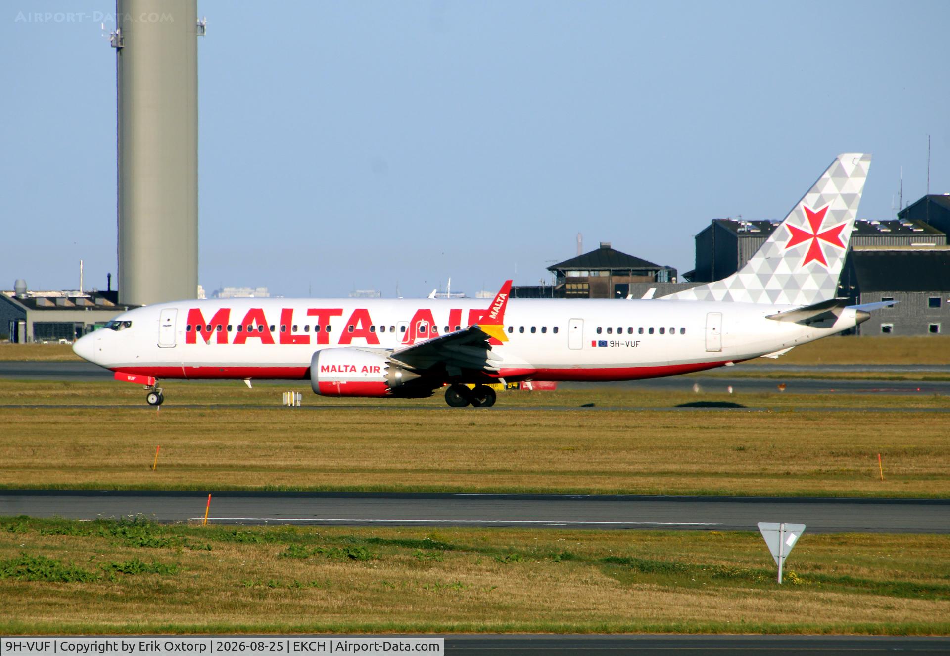Aircraft 9H-VUF, 2021 Boeing 737-8-200 MAX, c/n 65082 l/n 8054, 9H-VUF taking off rw 22R, at EKCH, photo by Erik Oxtorp