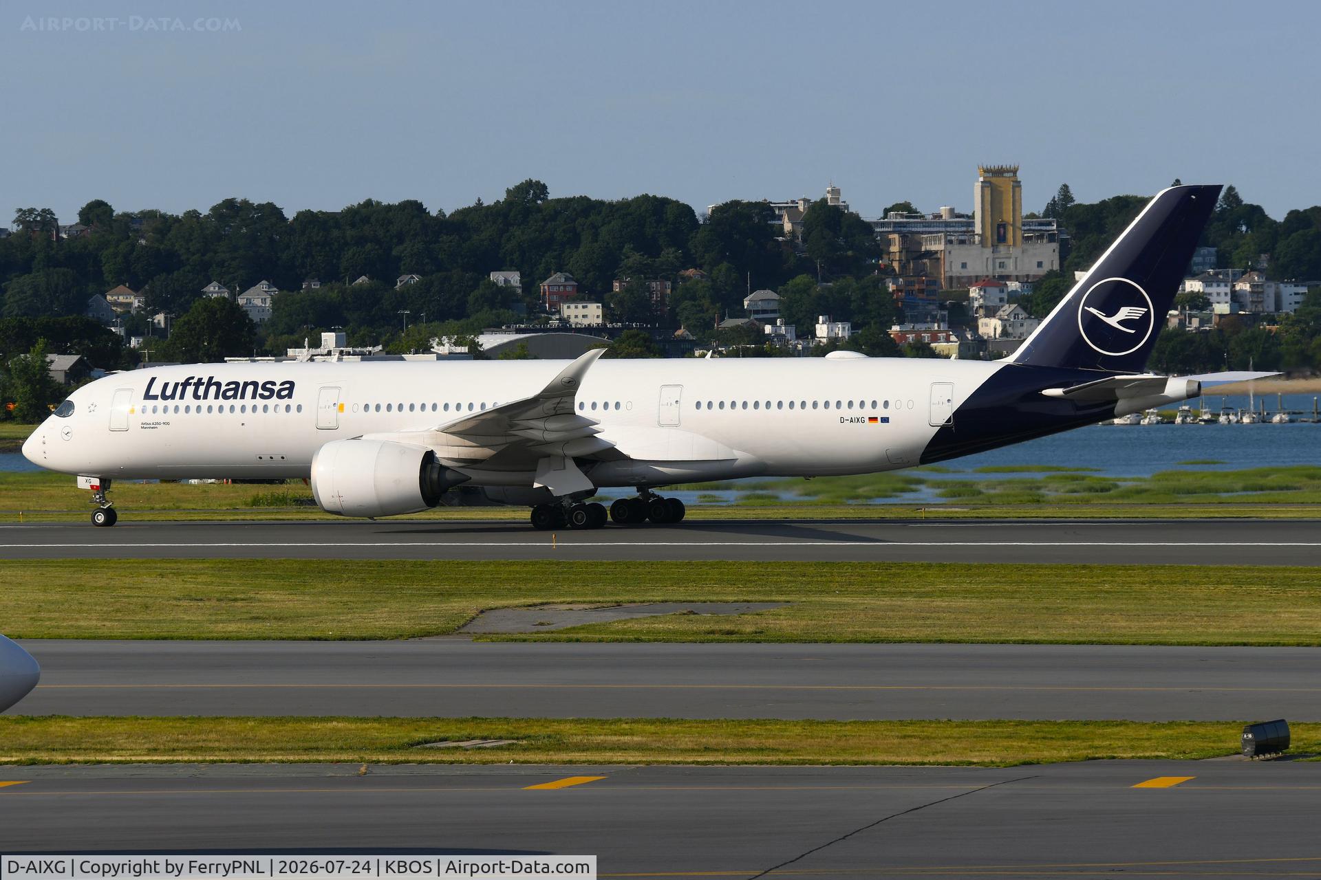 Aircraft D-AIXG, 2017 Airbus A350-941, c/n 174, Lufthansa A359 arriving from MUC, at KBOS, photo by FerryPNL