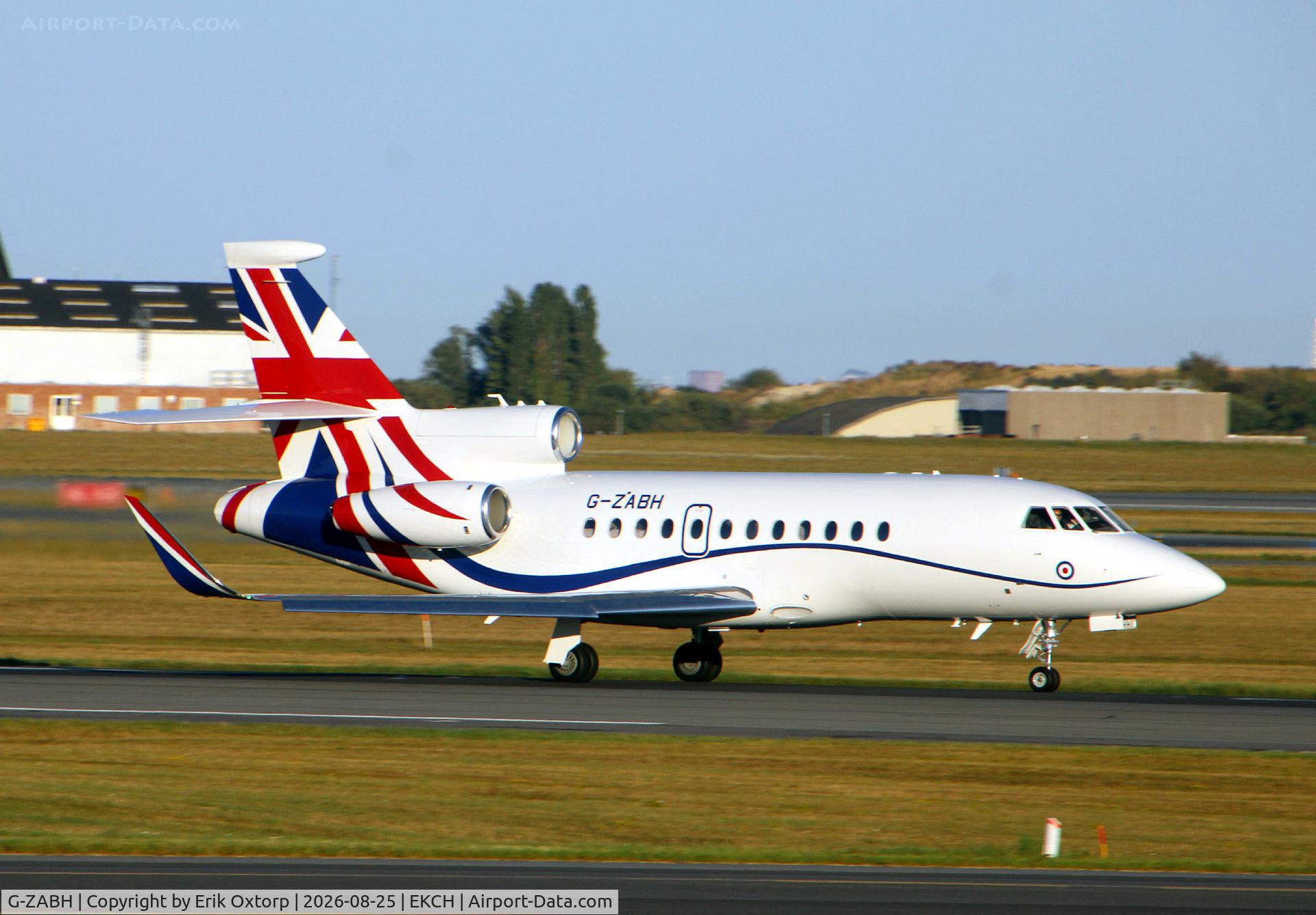 Aircraft G-ZABH, 2022 Dassault Falcon 900EX, c/n 327, G-ZABH takeoff rw 22R, at EKCH, photo by Erik Oxtorp