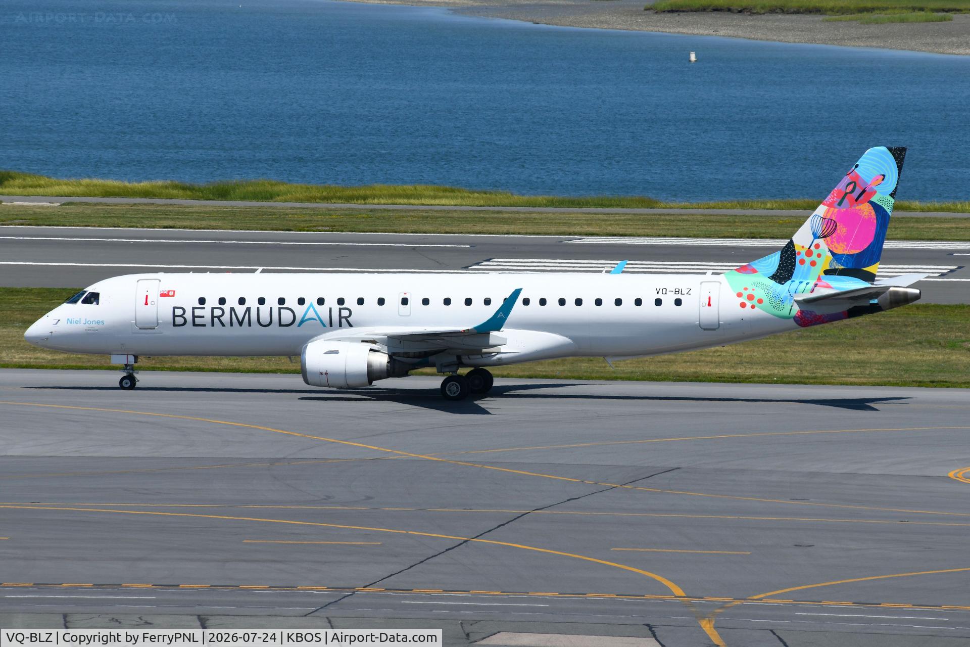 Aircraft VQ-BLZ, 2009 Embraer ERJ-190AR, c/n 19000275, Bermudair tittles on the left side of this ERJ190, at KBOS, photo by FerryPNL