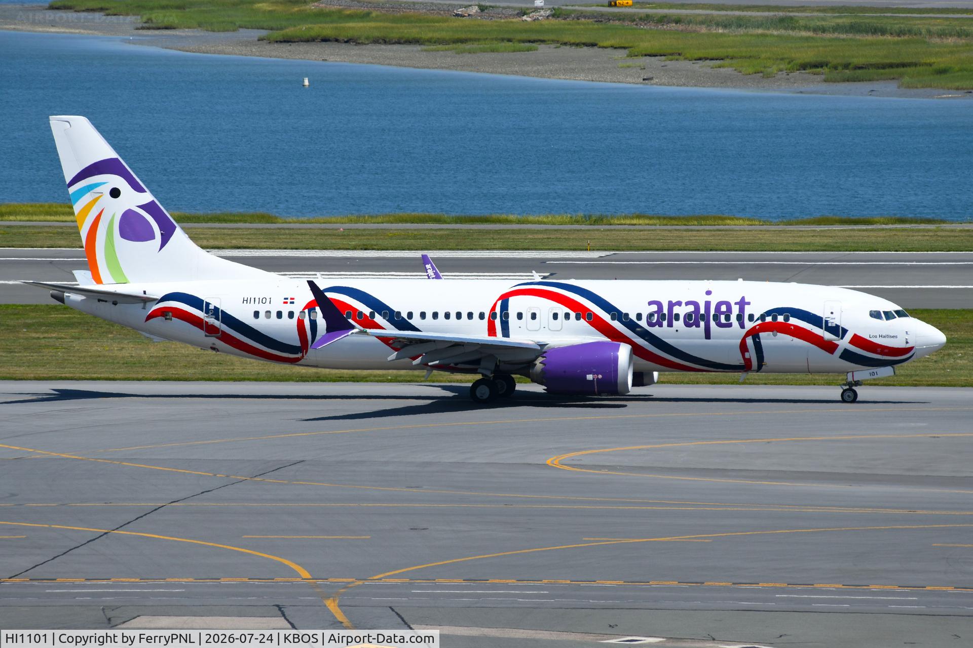 Aircraft HI1101, 2024 Boeing 737-8 MAX, c/n 61815 l/n 8876, Arajet B738M in "Dominican Republic Flag" special colours, at KBOS, photo by FerryPNL