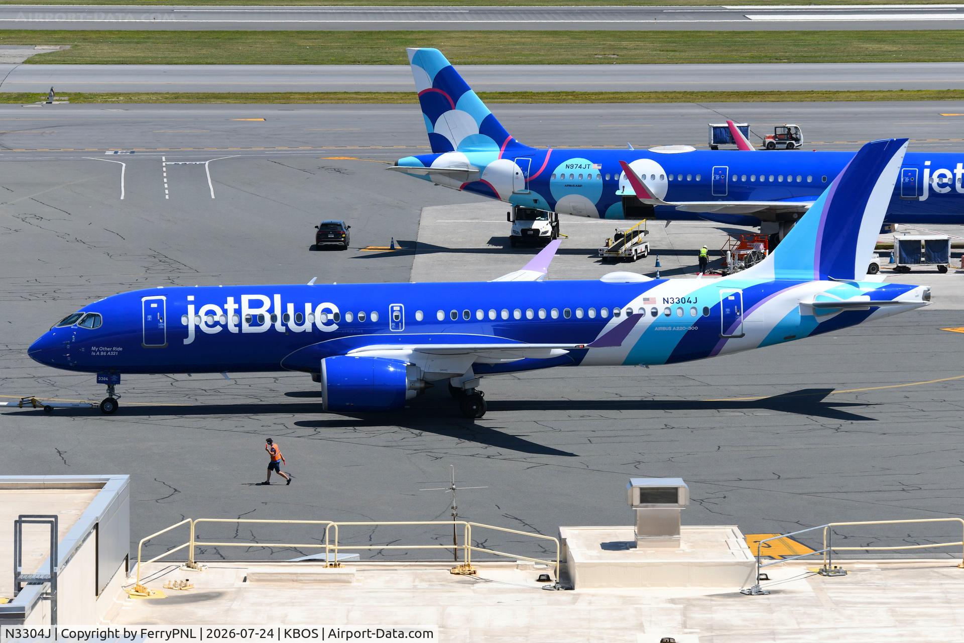 Aircraft N3304J, 2026 Airbus A220-371, c/n 55432, JetBlue A223 pushed back, at KBOS, photo by FerryPNL
