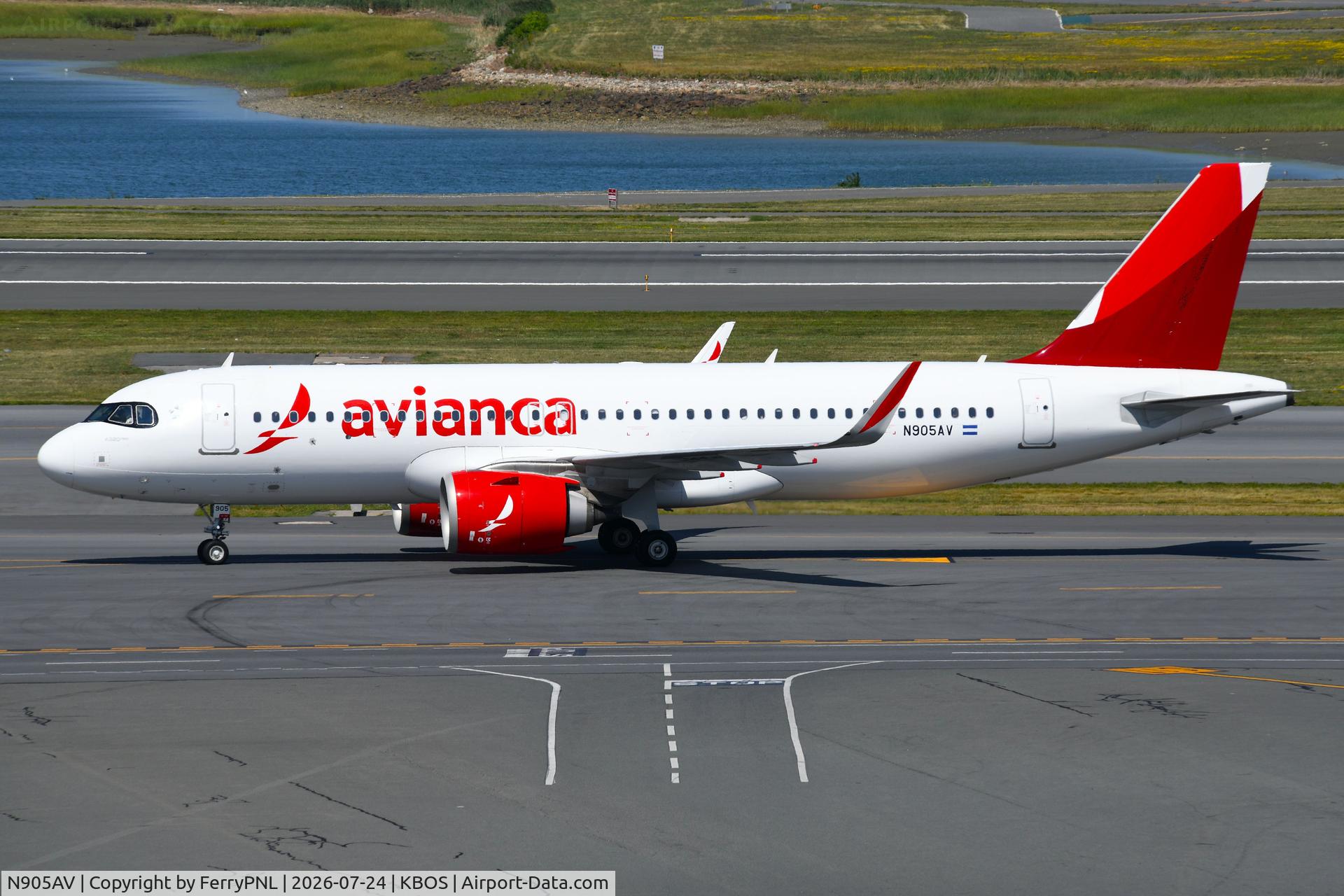 Aircraft N905AV, 2024 Airbus A320-251N, c/n 12100, Avianca A320N taxying to its gate, at KBOS, photo by FerryPNL