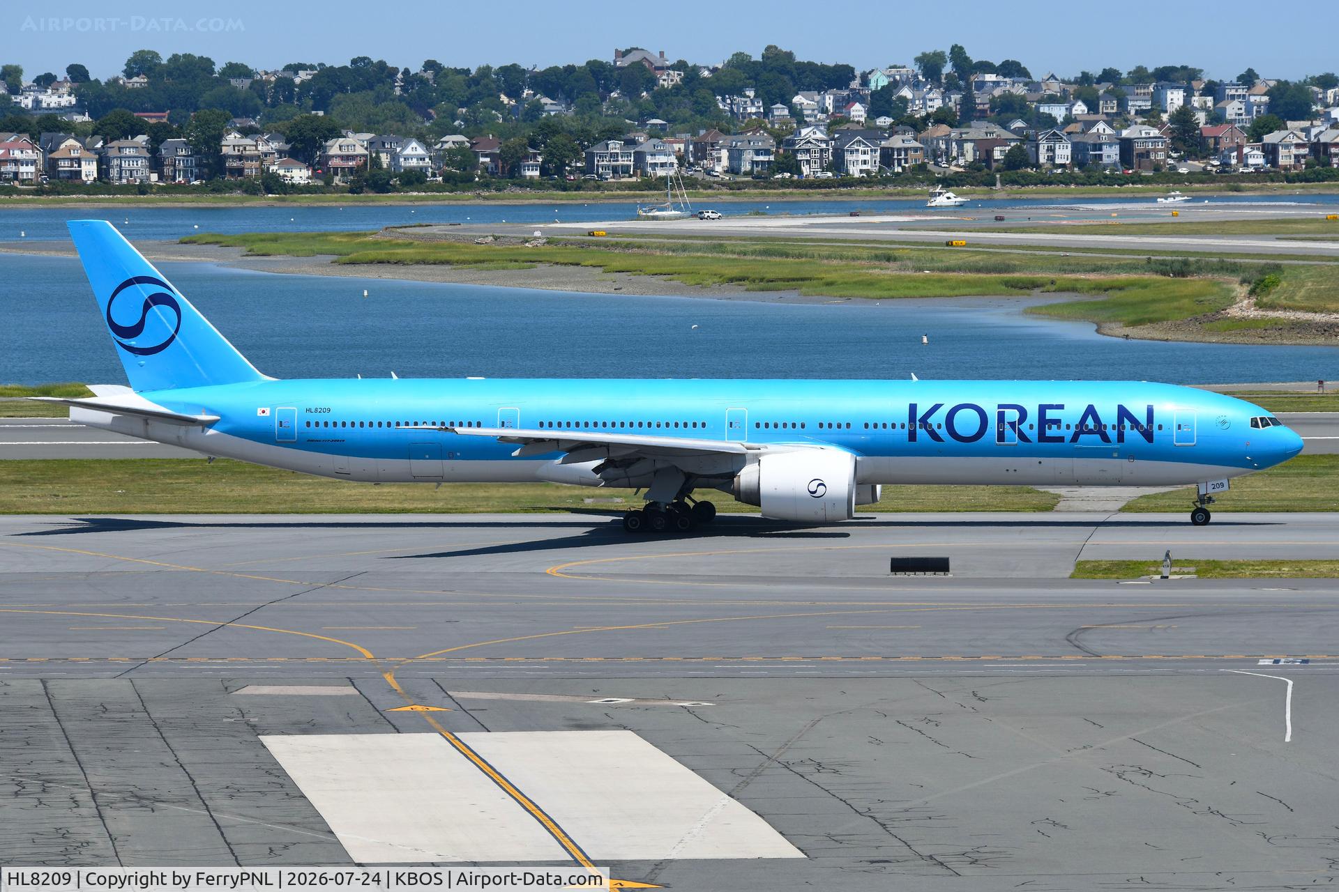 Aircraft HL8209, 2010 Boeing 777-3B5/ER, c/n 37646 l/n 875, Korean Air Lines B773 departing for ICN, at KBOS, photo by FerryPNL