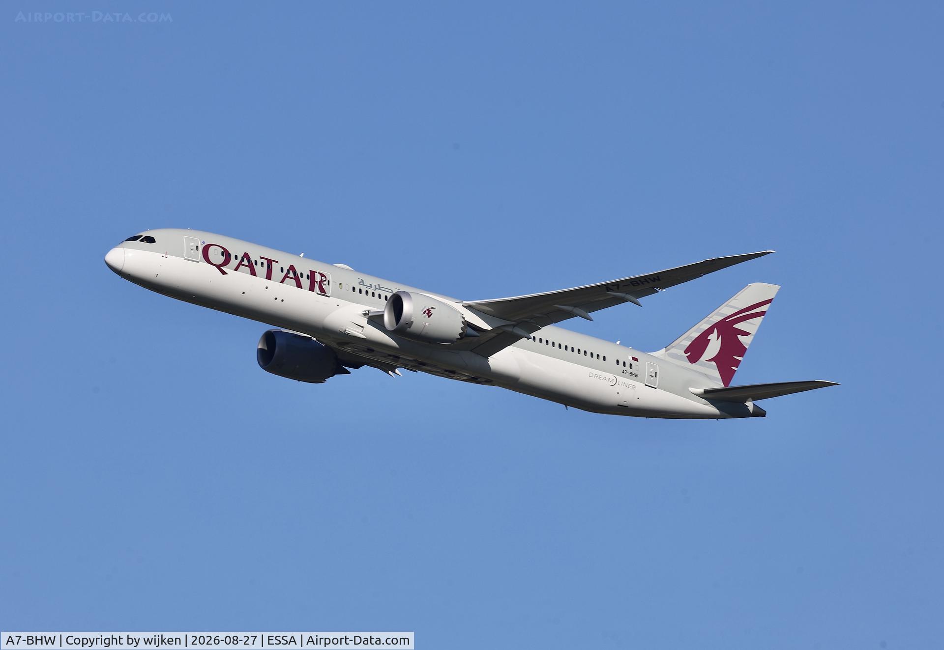 Aircraft A7-BHW, 2025 Boeing 787-9 Dreamliner, c/n 64232 l/n 1233, Rwy 19R, at ESSA, photo by wijken