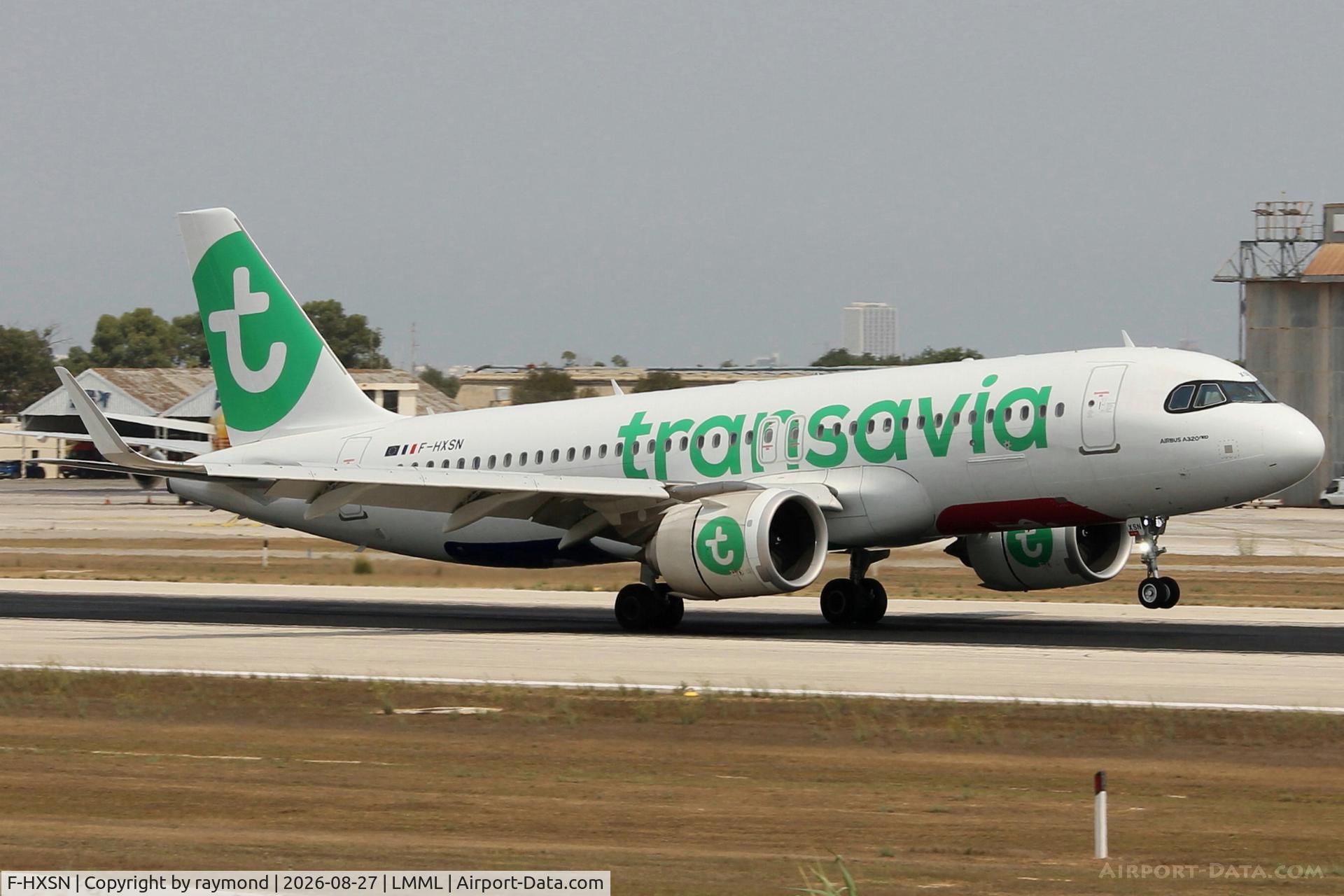 Aircraft F-HXSN, 2025 Airbus A320-252N, c/n 12502, Transavia France Airbus A320-252N reg F-HXSN touching down on RW13 Malta., at LMML, photo by raymond
