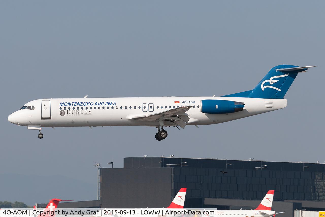 Aircraft 4O-AOM, 1990 Fokker 100 (F-28-0100), c/n 11321, Montenegro Airlines F100, at LOWW, photo by Andy Graf