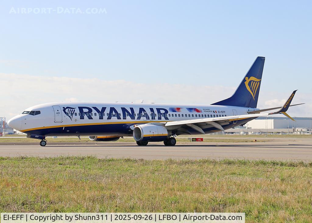 Aircraft EI-EFF, 2009 Boeing 737-8AS, c/n 35016 l/n 2917, Taxiing to the Terminal with additional logo on rear fuselage and with scimitar mounted winglets, at LFBO, photo by Shunn311