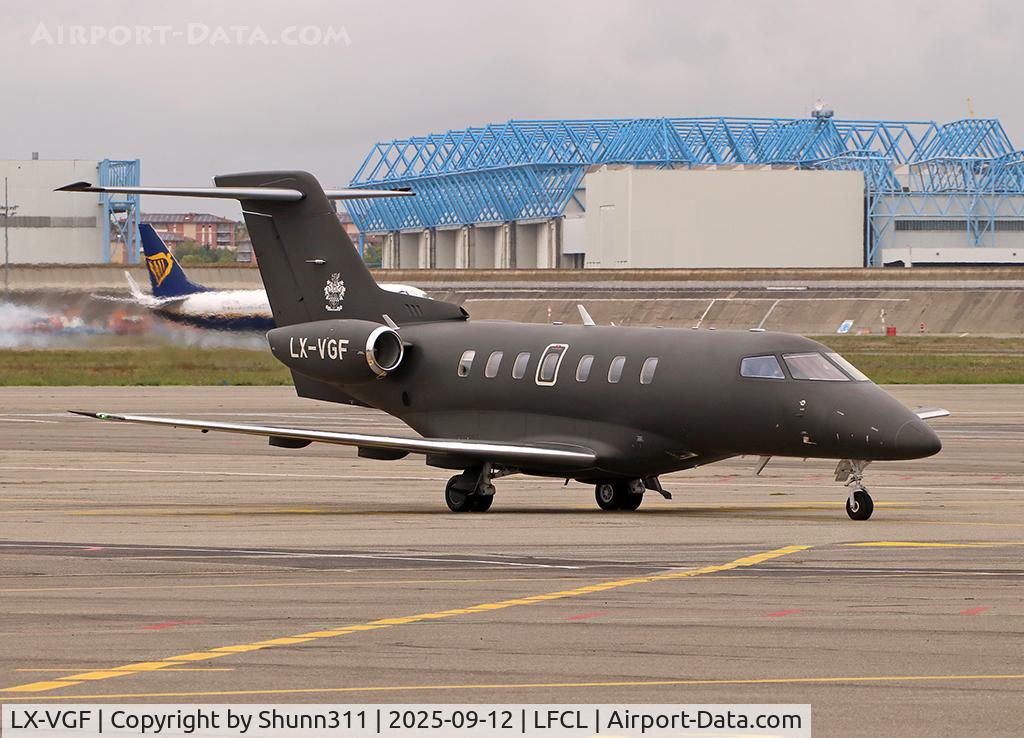 Aircraft LX-VGF, 2019 Pilatus PC-24, c/n 133, Taxxing to the General Aviation area, at LFCL, photo by Shunn311