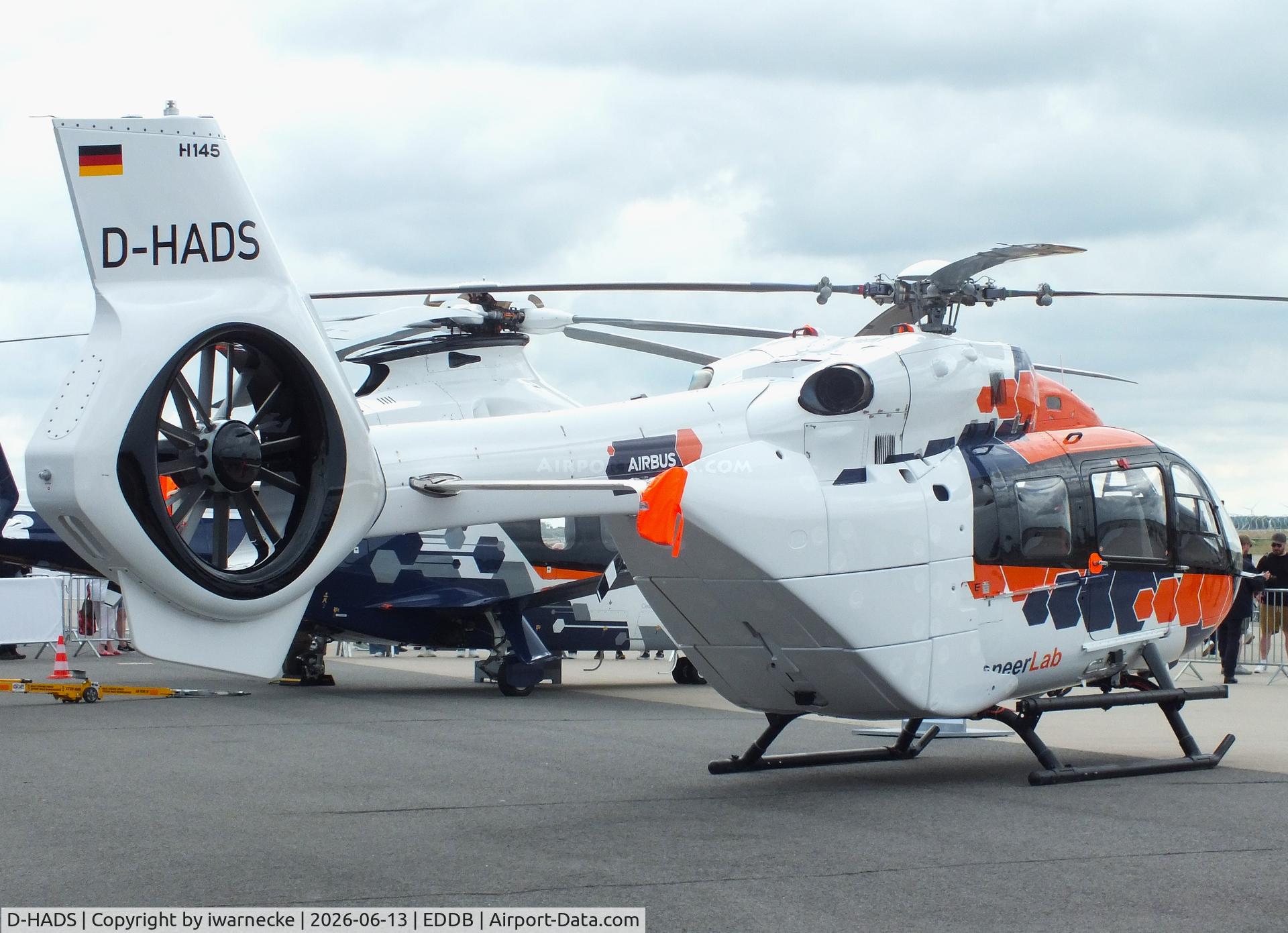 Aircraft D-HADS, Airbus H-145T-2, c/n 20007, Airbus Helicopters H145 (EC145T2) PioneerLab research helicopter at ILA 2026, Berlin, at EDDB, photo by iwarnecke