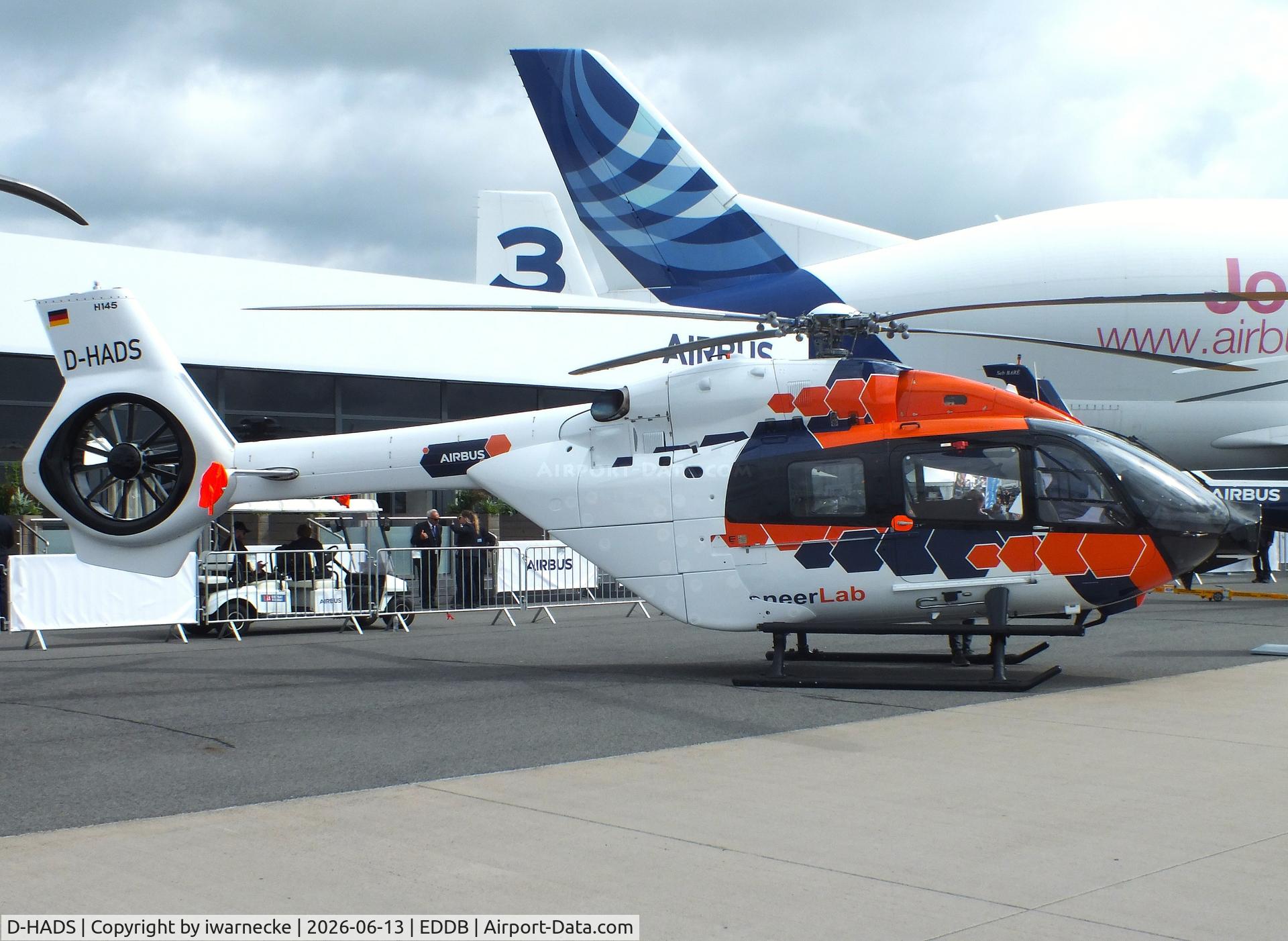 Aircraft D-HADS, Airbus H-145T-2, c/n 20007, Airbus Helicopters H145 (EC145T2) PioneerLab research helicopter at ILA 2026, Berlin, at EDDB, photo by iwarnecke