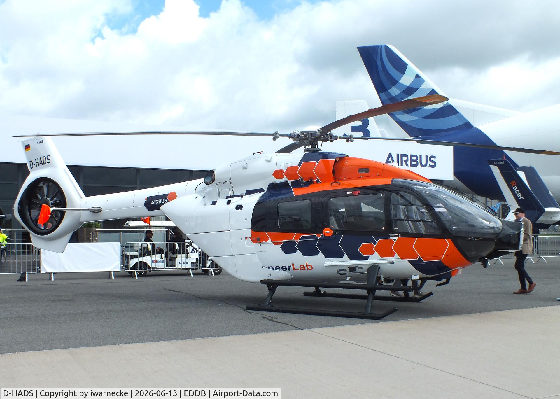 Aircraft D-HADS, Airbus H-145T-2, c/n 20007, Airbus Helicopters H145 (EC145T2) PioneerLab research helicopter at ILA 2026, Berlin, at EDDB, photo by iwarnecke