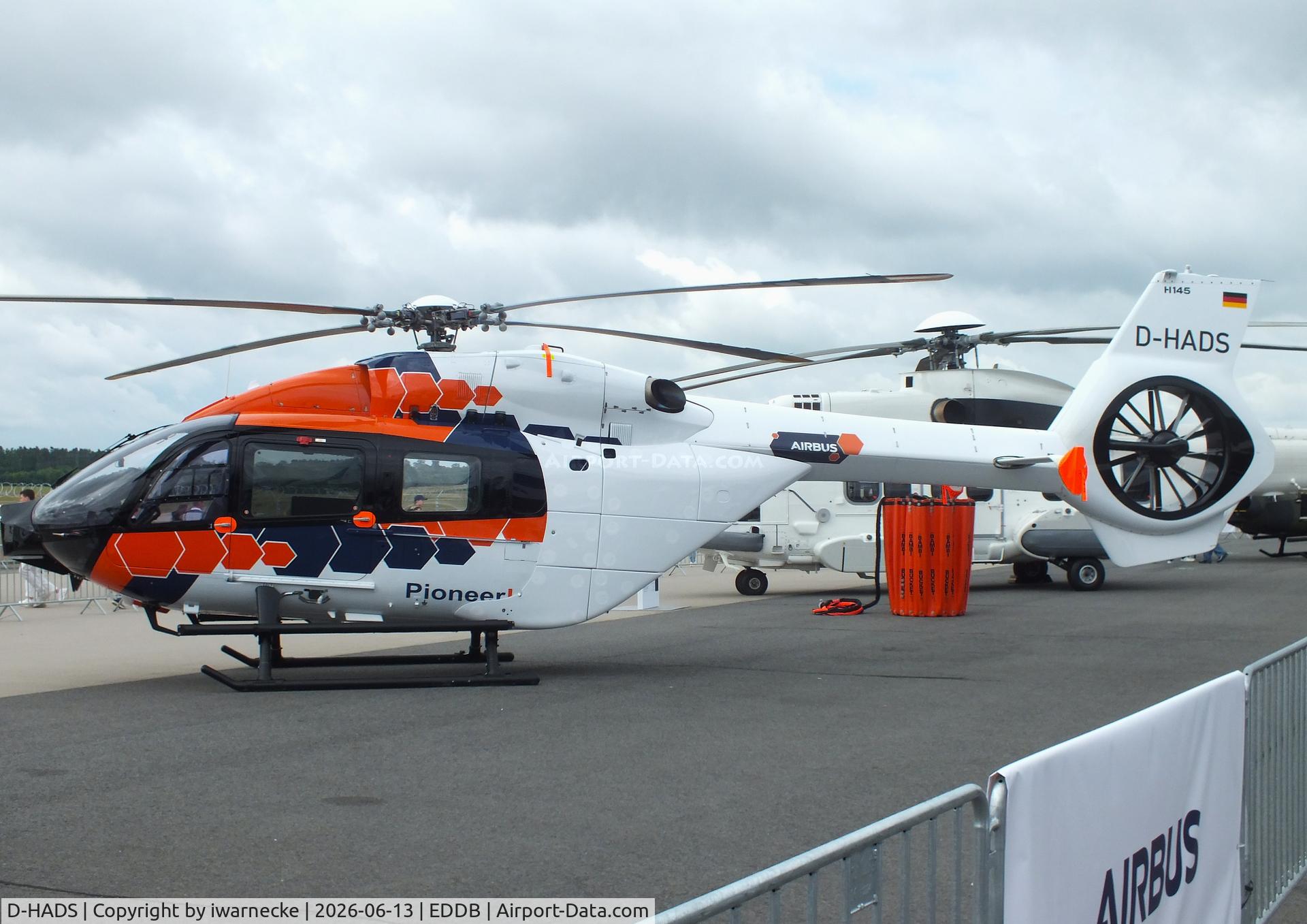 Aircraft D-HADS, Airbus H-145T-2, c/n 20007, Airbus Helicopters H145 (EC145T2) PioneerLab research helicopter at ILA 2026, Berlin, at EDDB, photo by iwarnecke