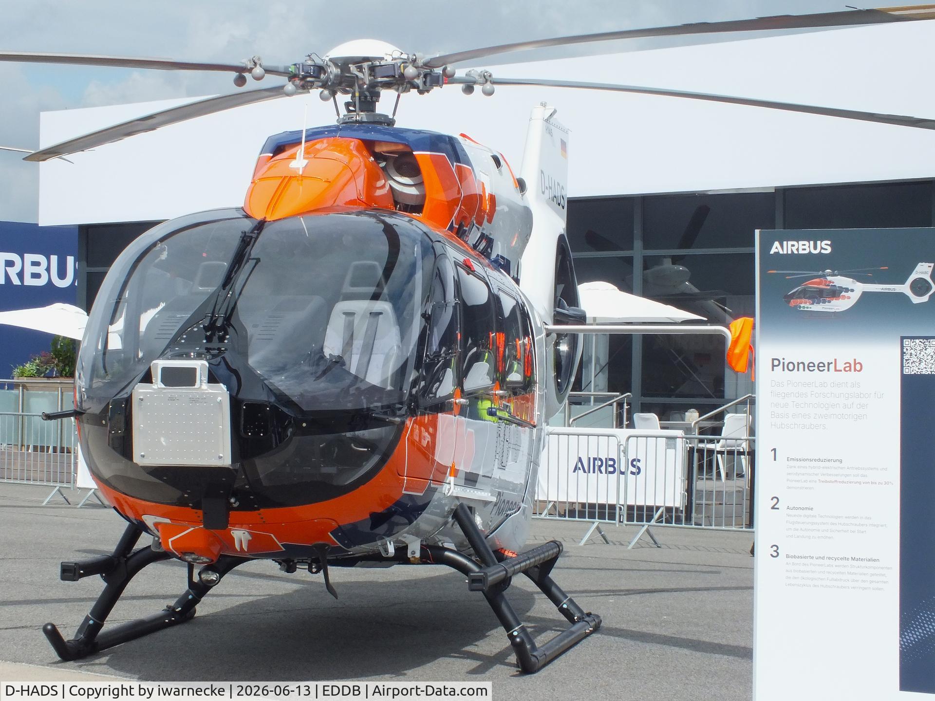 Aircraft D-HADS, Airbus H-145T-2, c/n 20007, Airbus Helicopters H145 (EC145T2) PioneerLab research helicopter at ILA 2026, Berlin, at EDDB, photo by iwarnecke