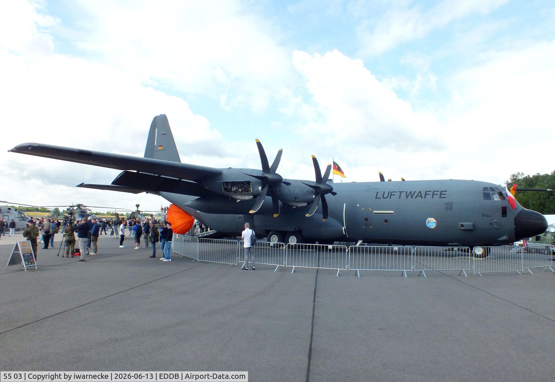 Aircraft 55 03, Lockheed Martin C-130J-30, c/n 5944, Lockheed Martin C-130J Super Hercules of the Luftwaffe (German Air Force) at ILA 2026, Berlin, at EDDB, photo by iwarnecke