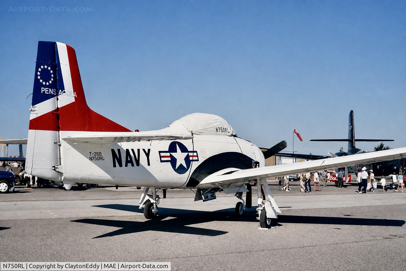 Aircraft N750RL, North American T-28B Trojan, c/n 200-113 (137750), Madera airport in California 1987, at MAE, photo by ClaytonEddy