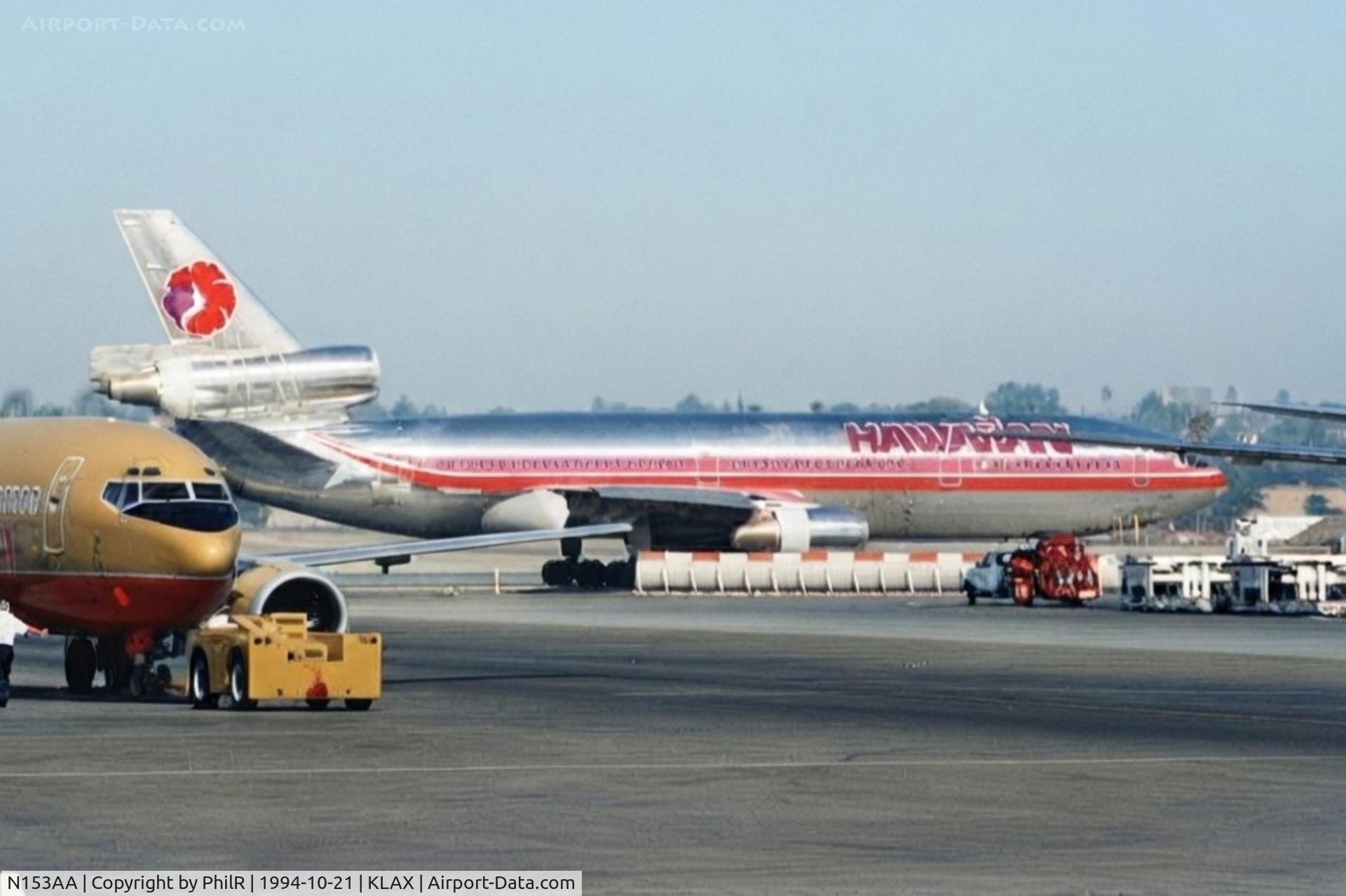 Aircraft N153AA, 1972 McDonnell Douglas MD-10-10F, c/n 46708, N153AA 1972 DC10-10 Hawaiian Airlines LAX 21.10.94.jpg, at KLAX, photo by PhilR