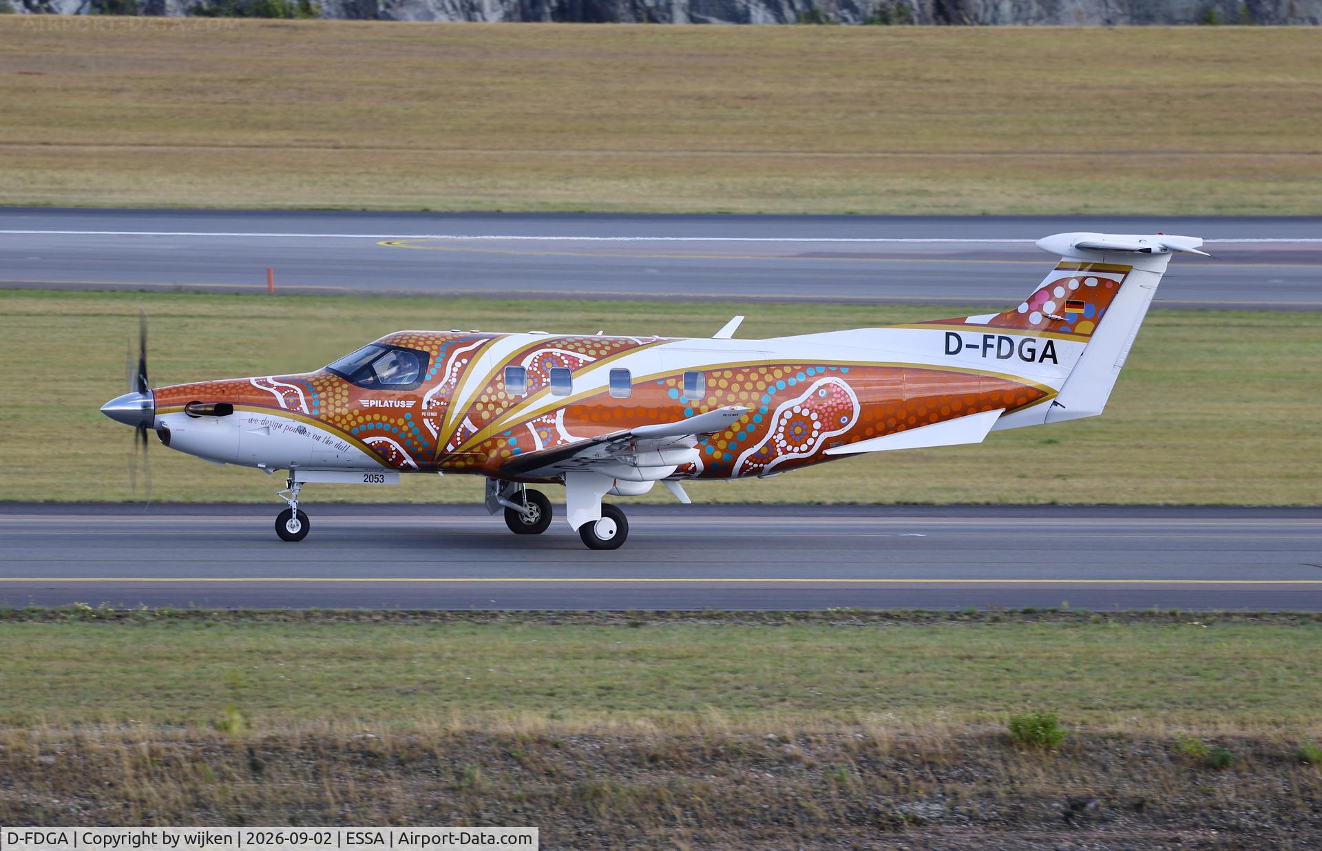 Aircraft D-FDGA, 2020 Pilatus PC-12/47E, c/n 2053, Twy W, at ESSA, photo by wijken