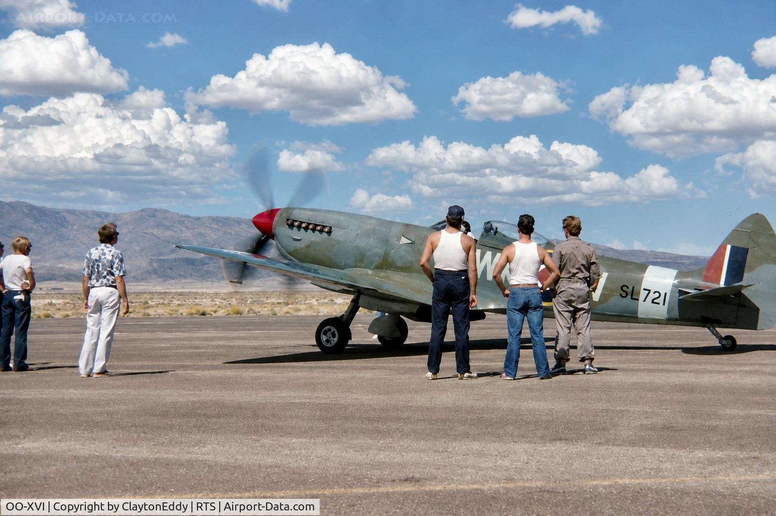 Aircraft OO-XVI, 1945 Supermarine 361 Spitfire LF.XVIe, c/n CBAF.IX.4756, Reno Air Races Stead airport in Nevada late 1970's or early 1980's?, at RTS, photo by ClaytonEddy
