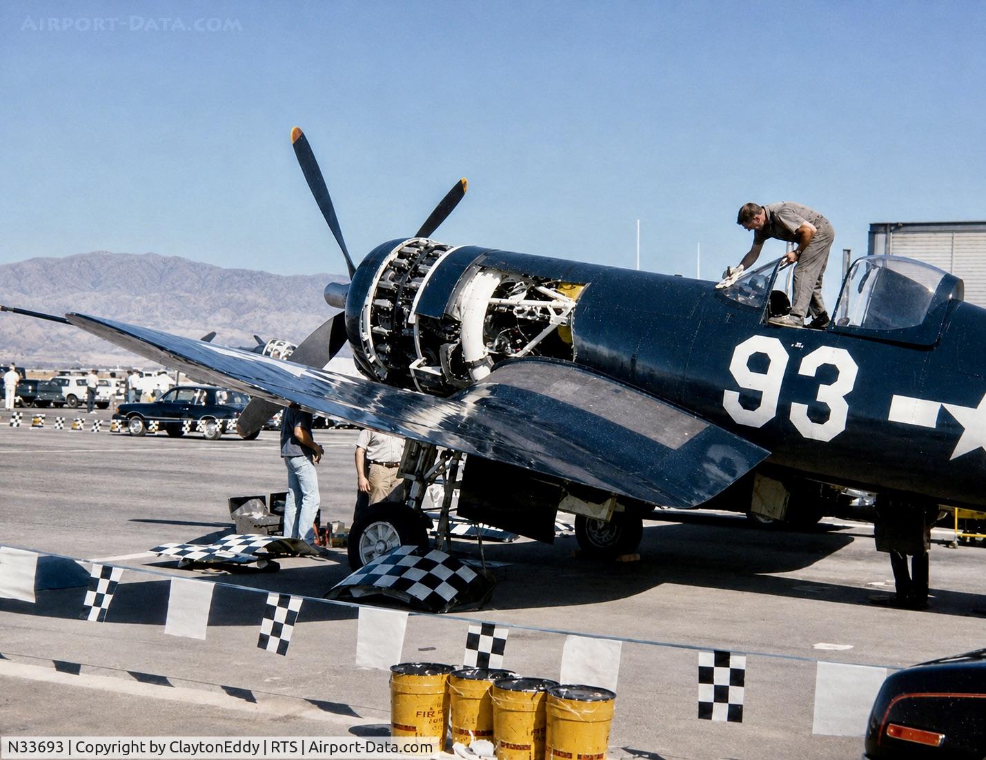 Aircraft N33693, Vought F4U-7 Corsair, c/n Not found (Bu133693), Reno Air Races in Nevada late 1970's, at RTS, photo by ClaytonEddy
