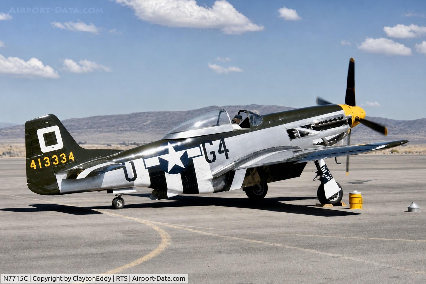Aircraft N7715C, 1944 North American P-51D, c/n 44-84961A (124-44817), Reno Air Races Stead airport in Nevada late 1970's, at RTS, photo by ClaytonEddy