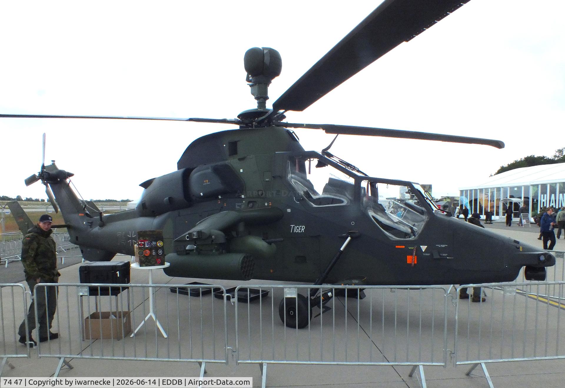 Aircraft 74 47, Eurocopter EC-665 Tiger UHT, c/n 1047/UHT47, Eurocopter EC665 Tiger UHT of the Heeresflieger (German army aviation) at ILA 2026, Berlin, at EDDB, photo by iwarnecke